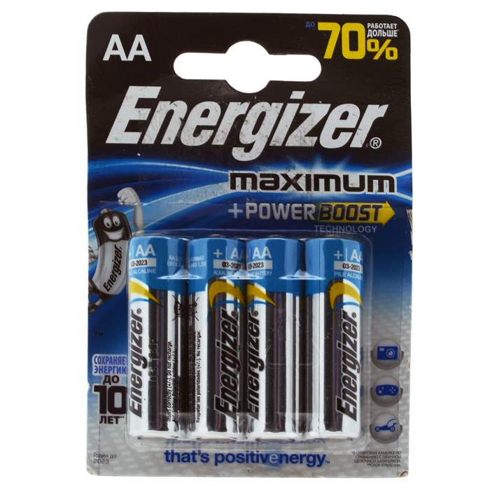 Батарейка алкалиновая Energizer Maximum, тип АА, 4 шт637452/635201/636177/629755 Батарейка алкалиновая Energizer Maximum, тип АА, 4 шт637452/635201/636177/629755Батарейки Energizer Maximum с технологией PowerBoost - самые долговечные батарейки в семействе щелочных батареек Energizer. Они работают до 70% дольше, чем стандартные щелочные батарейки типоразмера AA, идеальны для часто используемых устройств. Батарейки Energizer Maximum с технологией PowerBoost сохраняют заряд до 10 лет. Характеристики: Тип элемента питания: алкалиновая. Выходное напряжение: 1,5 В. Размер батарейки: 1,5 см х 1,5 см х 5 см. Размер упаковки: 8 см х 11,5 см х 1,5 см.
