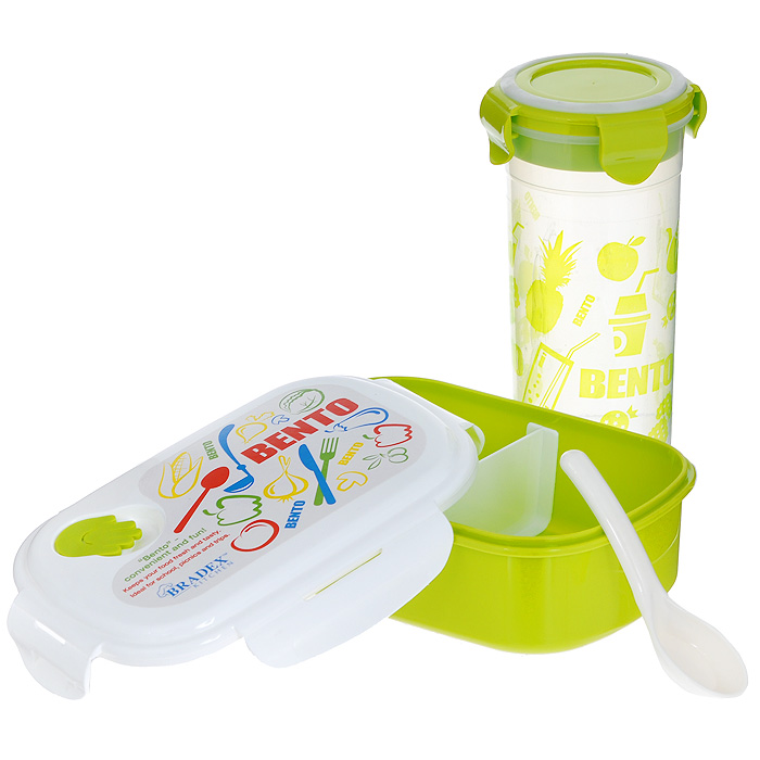 Набор детский Bradex Bento Kids, 2 предмета. TK 0051TK 0051 Набор детский Bradex Bento Kids, 2 предмета. TK 0051TK 0051Детский набор Bradex Bento Kids состоит из ланч-бокса и стакана, что делает его идеальным комплектом для школьников. Двухсекционный ланч-бокс предназначен для завтраков, обедов, полдников, печенья, фруктов, орехов и прочих закусок, а высокий стакан с крышкой - для сока, чая и других напитков. Ланч-бокс и стакан имеют герметичную конструкцию, благодаря чему из них ничего не прольется. Оба предмета из набора пригодны для мытья в посудомоечной машине, а ланч-бокс можно разогревать в микроволновой печи. В комплекте имеется ложечка. Bento Kids понравится ребенку своей красочной расцветкой, а родители по достоинству оценят его практичность, многофункциональность и легкий уход. Характеристики: Материал: АБС-пластик. Цвет: белый, зеленый. Объем ланч-бокса: 500 мл. Размер ланч-бокса (без учета крышки): 18,5 см х 12,5 см х 5,5 см. Объем стакана: 600 мл. Диаметр стакана: 8 см. Высота стакана: 18 см. Длина ложки: 12 см. Размер упаковки: 20,5 см...