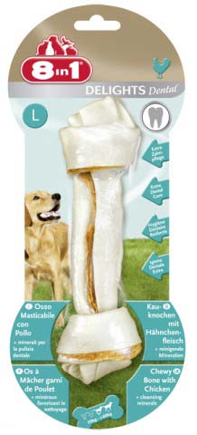 Лакомство 8 in 1 Dental Delights L для собак крупных пород, косточка для чистки зубов, 100 г0120710 Лакомство 8 in 1 Dental Delights L для собак крупных пород, косточка для чистки зубов, 100 г01207108 in 1 Dental Delights L - уникальное запатентованное лакомство с качественным куриным мясом, завернутое в жесткую оболочку из сыромятной кожи. Полезно для зубов и десен. Удовлетворяет природный жевательный инстинкт собаки. Долгое жевательное удовольствие и никаких остатков. Изготавливается с учетом размеров собаки. Обогащено полезными минералами. Dental Delights M помогает удалить зубной налет, предотвращая образование зубного камня и способствуя свежему дыханию. Содержит всего 2% жира. Не содержит искусственных красителей и усилителей вкуса и аромата. Состав: мясо и мясные субпродукты (куриное мясо 10%), минеральные вещества. Аналитические компоненты: сырой белок - 82%, сырые масла и жиры - 2%, сыраяклетчатка - 1%, сырая зола - 2%, содержание влаги - 14%.Вес: 100 г. Размер косточки: 5 см х 20 см.Товар сертифицирован.