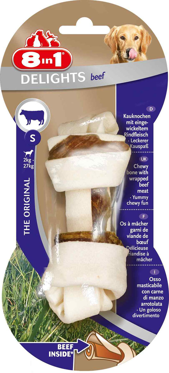 Лакомство 8 in 1 Delights Beef S для собак мелких и средних пород, косточка с говядиной, 35 г0120710 Лакомство 8 in 1 Delights Beef S для собак мелких и средних пород, косточка с говядиной, 35 г0120710Лакомство 8 in 1 Delights Beef S представляет собой косточку, изготовленную из говяжьей кожи с прослойками говяжьего мяса. Косточка предназначена для ухода за зубами, уменьшения зубного налета, предотвращения образования зубного камня, а также для развлечения собаки в моменты, когда хозяина нет дома. Содержит всего 3,5% жира и не содержит искусственных красителей и усилителей вкуса.Состав: мясо и мясные субпродукты (говядина 10%), минеральные вещества.Аналитические компоненты: сырой белок - 82%, сырые масла и жиры - 3,5%, сырая клетчатка - 1%, сырая зола - 2%, содержание влаги - 14%.Вес: 35 г.Размер косточки: 5 см х 11 см.Товар сертифицирован.