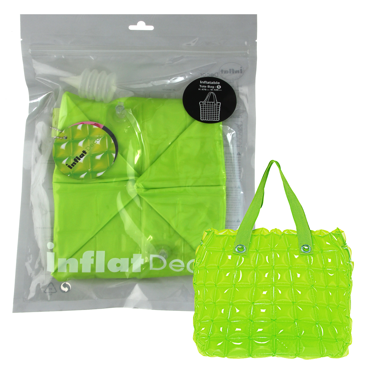 Сумка надувная Inflat Decor, цвет: лайм. 00790079 Lime Green Сумка надувная Inflat Decor, цвет: лайм. 00790079 Lime GreenЯркая надувная сумка - великолепный аксессуар на лето! Сумка прямоугольной формы выполнена из ПВХ и снабжена ручками из полиэстера. Сумка легко надувается при помощи мини-насоса (входит в комплект) или рта. В сдутом виде сумка очень компактна и не займет много места. Надувная вместительная сумка - отличное решение для отдыха на пляже. Характеристики: Материал: ПВХ, полиэстер. Размер сумки: 33 см х 35,6 см х 14 см.