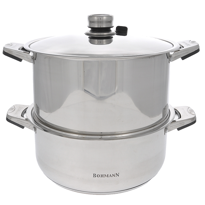 Кастрюля-мантоварка Bohmann, с крышкой, 9,5 л. 3110BH3110BH Кастрюля-мантоварка Bohmann, с крышкой, 9,5 л. 3110BH3110BHКастрюля-мантоварка Bohmann изготовлена из высококачественной нержавеющей стали с зеркальной полировкой. Этот материал обладает высокой стойкостью к коррозии и кислотам. Прочность, долговечность и надежность этого материала, а также первоклассная обработка обеспечивают практически неограниченный запас прочности и неизменно привлекательный внешний вид. Кастрюля-мантоварка включает основную кастрюлю, съемную секцию, 4 съемных пластины-решетки, крышку и два держателя для решеток. Такая кастрюля специально предназначена для приготовления мантов и другой пищи на пару. При приготовлении продуктов на пару в них сохраняется более 50% полезных свойств и питательных веществ. Четырехъярусная конструкция позволяет приготовить большое количество мантов одновременно, либо использовать как обычную кастрюлю для приготовления других жидких блюд - супов, варки овощей и т.д. Мантоварку можно использовать для приготовления одновременно нескольких видов продуктов, используя многоярусную...