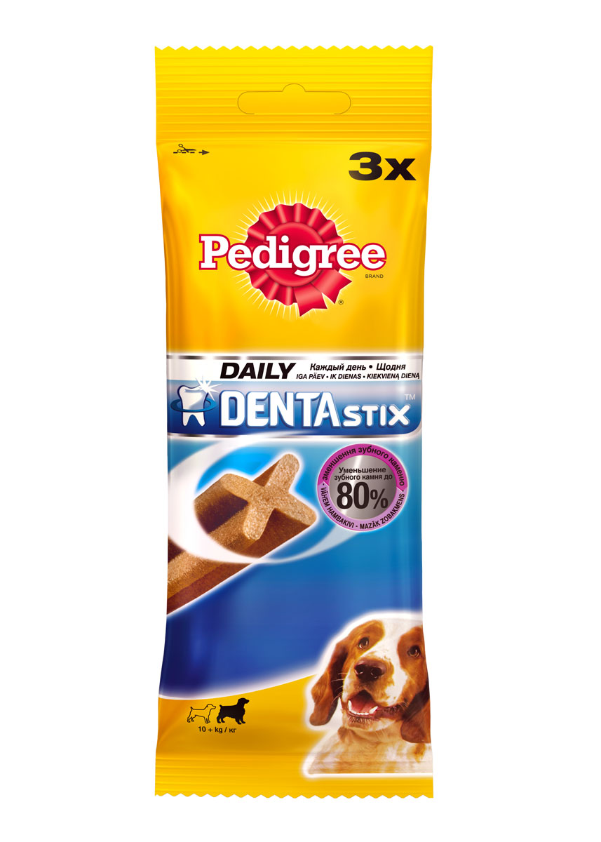 Лакомство по уходу за зубами Pedigree Denta Stix для собак средних и крупных пород, 180 г0120710 Лакомство по уходу за зубами Pedigree Denta Stix для собак средних и крупных пород, 180 г0120710Собакам необходим ежедневный уход за полостью рта. Pedigree Denta Stix - это вкусное лакомство на каждый день, которое не только очищает зубы, но и укрепляет десны и освежает дыхание. Благодаря своей уникальной форме, Pedigree Denta Stix уменьшит у вашего любимца зубной камень до 80%. Denta Stix - это уникальная возможность ухаживать за зубами собаки во время еды. Структура Pedigree Denta Stix имеет Х-образный профиль. Чтобы разжевать косточку, собака должна прилагать усилия, что помогает удалить налет. Pedigree Denta Stix разжевываются в течение довольно долгого времени. Дополнительное преимущество продолжительного жевания состоит в том, что оно стимулирует выделение слюны. Слюна помогает вымывать остатки пищи и удалять их с зубов. Состав: Состав: злаки, продукты растительного происхождения, минералы, мясо и субпродукты, белковые растительные экстракты, масла и жиры, ароматизатор куриный натуральный (43,6 г). Анализ: белок - 9 г, жир - 2,6 г, клетчатка - 2,4 г, зола - 6,1 г, влажность - 8 г, триполифосфат натрия - 2,4 г, сульфат цинка - 104,5 мг.Вес: 180 г.Товар сертифицирован.