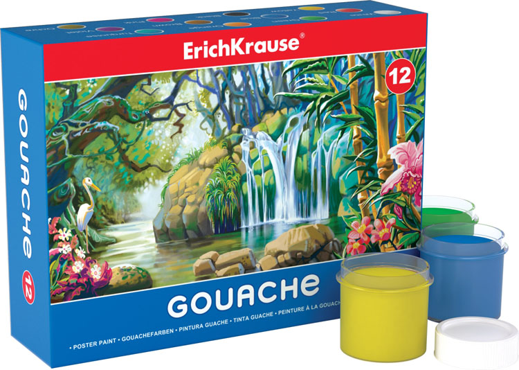 Гуашь Erich Krause, 12 цветов. 3516135161 Гуашь Erich Krause, 12 цветов. 3516135161Гуашь Erich Krause предназначена для декоративно-оформительских работ и творчества детей. В набор входят 12 баночек с краской следующих цветов: белого, красного, оранжевого, зеленого, синего, коричневого, желтого, черного, розового, бирюзового, фиолетового и охры. Каждая баночка с гуашью закрывается винтовой крышкой. Краски легко наносятся на бумагу и картон, они легко размываются водой и быстро сохнут. Рисование не просто подарит радость вашему малышу, но и поможет ему стать более усидчивым и наблюдательным, развивая способность видеть мир во всех его красках и оттенках. Размер баночки с краской: 3,5 см x 3,5 см x 4 см.