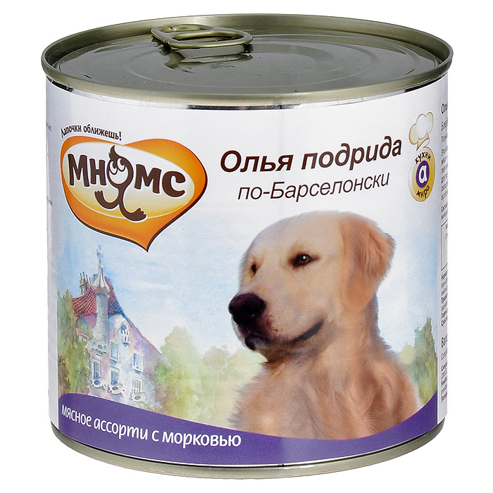 Консервы для собак Мнямс Олья подрида по-Барселонски, мясное ассорти с морковью, 600 г57620 Консервы для собак Мнямс Олья подрида по-Барселонски, мясное ассорти с морковью, 600 г57620Полнорационные корма Мнямс, производимые в Германии, содержат все необходимое для здоровой и счастливой жизни вашего питомца. Входящие в состав ингредиенты абсолютно натуральны, сбалансированы и при этом обладают высокой вкусовой привлекательностью. Консервы для собак Мнямс Олья подрида по-Барселонски - это известное со Средневековья испанское кушанье представляет собой густой суп из разных сортов мяса и овощей. Особенно популярна Олья Подрида в Барселоне, где её готовят из говядины, свинины, телятины, баранины и шпика. Мясо режут на кусочки и варят около получаса, затем добавляют морковь, другие овощи и тушат до готовности. Сочетание разных сортов мяса, изысканный аромат и сладость овощей, а также наваристый бульон делает вкус Ольи Подриды совершенно неповторимым, особенно если перед подачей на стол её слегка присыпать тёртым сыром и зеленью. При кормлении необходимо учитывать возраст и активность животного. Собака всегда должна иметь доступ к...