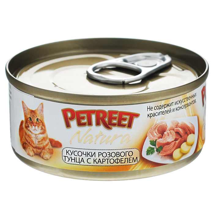 Консервы для кошек Petreet Natura, с кусочками розового тунца и картофелем, 70 гА53066 Консервы для кошек Petreet Natura, с кусочками розового тунца и картофелем, 70 гА53066Полноценный сбалансированный корм для взрослых кошек всех пород. Консервы Petreet в виде нежного паштета изготовлены исключительно из натуральных продуктов и не оставят равнодушным ни одного питомца. В их состав входит до 64% основного компонента - мяса тунца, а это значит, что продукт богат протеином - источником бодрости вашей кошки. Для поддержания здоровья внутренних органов и зрения в состав консервов входит аргинин, таурин и незаменимые жирные кислоты Омега 3 и Омега 6. Идеально подходит для кастрированных и стерилизованных кошек. Некоторые виды содержат рис, восполняющий недостаток витамина В. В состав консервов входят различные деликатесные добавки в виде морепродуктов, овощей и фруктов, так что можно легко выбрать подходящий вариант даже для самой привередливой кошки Основу консервов Petreet Natura с кусочками розового тунца и кальмарами, нежное розовое мясо стейковой части тунца с добавлением картофеля. При умеренной калорийности в корме содержится высокий уровень...