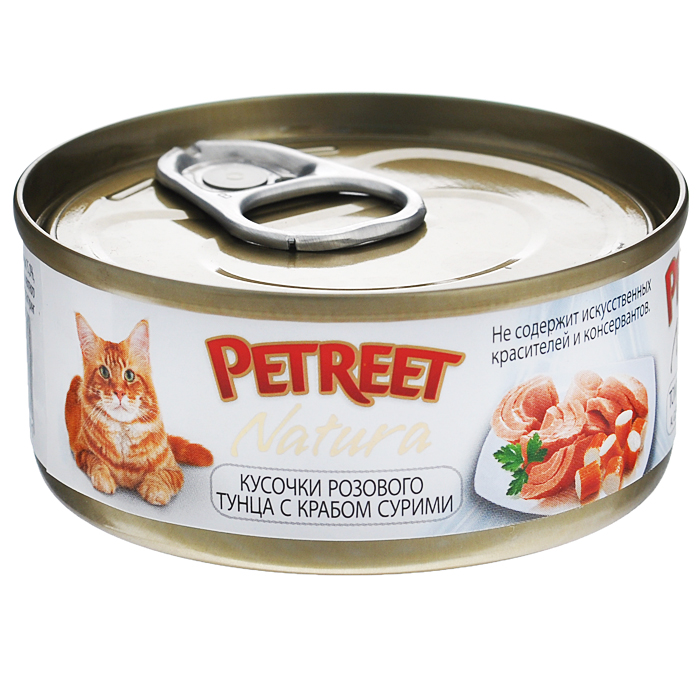 Консервы для кошек Petreet Natura, с кусочками розового тунца и крабом сурими, 70 гА53070 Консервы для кошек Petreet Natura, с кусочками розового тунца и крабом сурими, 70 гА53070Полноценный сбалансированный корм для взрослых кошек всех пород. Консервы Petreet в виде нежного паштета изготовлены исключительно из натуральных продуктов и не оставят равнодушным ни одного питомца. В их состав входит до 64% основного компонента - мяса тунца, а это значит, что продукт богат протеином - источником бодрости вашей кошки. Для поддержания здоровья внутренних органов и зрения в состав консервов входит аргинин, таурин и незаменимые жирные кислоты Омега 3 и Омега 6. Идеально подходит для кастрированных и стерилизованных кошек. Некоторые виды содержат рис, восполняющий недостаток витамина В. В состав консервов входят различные деликатесные добавки в виде морепродуктов, овощей и фруктов, так что можно легко выбрать подходящий вариант даже для самой привередливой кошки Основу консервов Petreet Natura с кусочками розового тунца и лобстером, нежное розовое мясо стейковой части тунца с добавлением мяса краба. При умеренной калорийности в корме содержится высокий уровень...