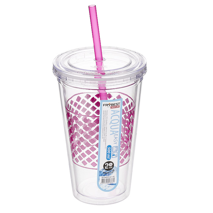 Стакан Frybest Easy, с трубочкой, цвет: розовый, 500 мл. AC1-02VT-1520(SR) Стакан Frybest Easy, с трубочкой, цвет: розовый, 500 мл. AC1-02VT-1520(SR)Стакан Frybest Easy изготовлен из прочного пластика, оформленного цветным рисунком. Благодаря специальной конструкции с двойными стенками горячие и холодные напитки дольше сохраняют свою температуру. Прозрачность материала позволяет видеть содержимое. Материал износостоек и устойчив к царапинам, благодаря этому изделие сохранит свой изначальный вид даже после продолжительного использования. Стакан оснащен плотно закрывающейся крышкой с силиконовой прослойкой и удобной трубочкой. Такой стакан очень удобен в использовании, его можно взять с собой куда угодно: на работу, пикник, в парк, поездку или прогулку. Легкость очистки: благодаря своей форме стакан легко мыть; пригоден для посудомоечной машины.