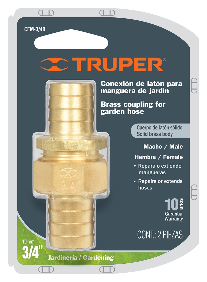 Коннектор для шланга Truper, латунный, мама-папа, 3/4CFM-3/4B Коннектор для шланга Truper, латунный, мама-папа, 3/4CFM-3/4BШланговый коннектор Truper, выполненный из латуни, предназначен для быстрого и многократного присоединения и отсоединения шланга к насадкам или крану. Тип соединения мама-папа.
