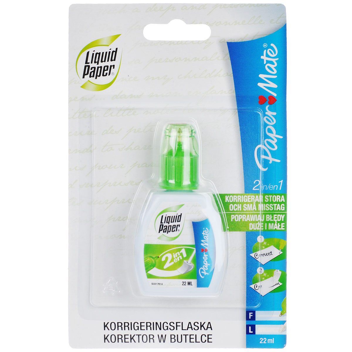 Корректирующая жидкость Paper Mate, 2в1, 22 мл44356 Корректирующая жидкость Paper Mate, 2в1, 22 мл44356Корректирующая жидкость Paper Mate поможет вам аккуратно удалить ошибки и опечатки любой сложности. Корпус выполнен из эластичного пластика. Тонкий шариковый металлический наконечник обеспечивает точность исправлений. Жидкость появляется при нажатии на корпус ручки с двух сторон, быстро сохнет и мягко ложится на бумагу, обеспечивая гладкое ровное покрытие. Для значительных исправлений снимите крышку и используйте губчатый аппликатор.Шарик внутри корпуса ручки помогает равномерно размешать жидкость перед использованием.