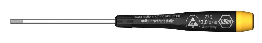 Отвертка Precision 275 ESD SW3,0x60 Wiha 0764807648 Отвертка Precision 275 ESD SW3,0x60 Wiha 0764807648Отвертка WIha Precision ESD с шестигранником оснащена диссипативной рукояткой, отводящей электростатический заряд. Жало выполнено из высококачественной хром-ванадий-молибденовой стали полной закалки с матовым хромированием. Наконечник Wiha ChromTop гарантирует максимальное соответствие размерности. Рукоятка Precision с крутящимся колпачком, поверхностное сопротивление 106-109 Ом. Нормы: IEC 61340-5-1. Общая длина отвертки: 17 см. Длина жала: 6 см. Размер ручки: 11 см х 1,4 см х 1,4 см.