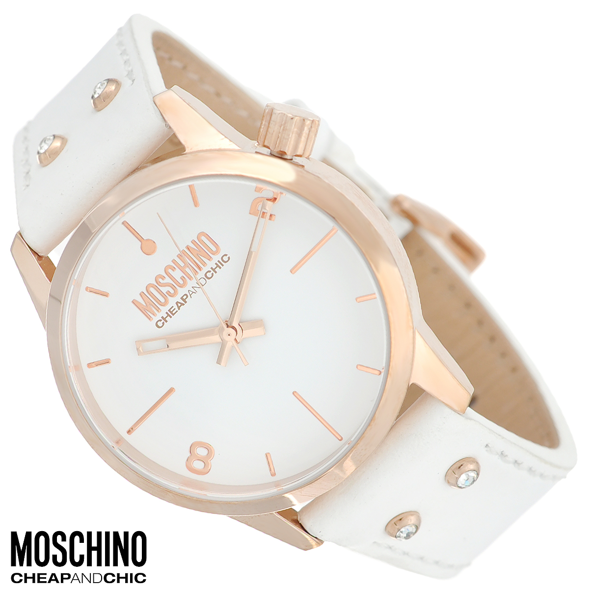 Часы женские наручные Moschino, цвет: белый, золотой. MW0280MW0280 Часы женские наручные Moschino, цвет: белый, золотой. MW0280MW0280Наручные часы от известного итальянского бренда Moschino - это не только стильный и функциональный аксессуар, но и современные технологи, сочетающиеся с экстравагантным дизайном и индивидуальностью. Часы Moschino оснащены кварцевым механизмом. Корпус выполнен из высококачественной нержавеющей стали с PVD-покрытием. Циферблат с отметками и арабскими цифрами защищен минеральным стеклом. Часы имеют три стрелки - часовую, минутную и секундную. Ремешок часов выполнен из натуральной кожи, оснащен классической застежкой и декорирован стразами. Часы упакованы в фирменную металлическую коробку с логотипом бренда. Часы Moschino благодаря своему уникальному дизайну отличаются от часов других марок своеобразными циферблатами, функциональностью, а также набором уникальных технических свойств. Каждой модели присуща легкая экстравагантность, самобытность и, безусловно, великолепный вкус. Характеристики: Диаметр циферблата: 3,3 см. ...