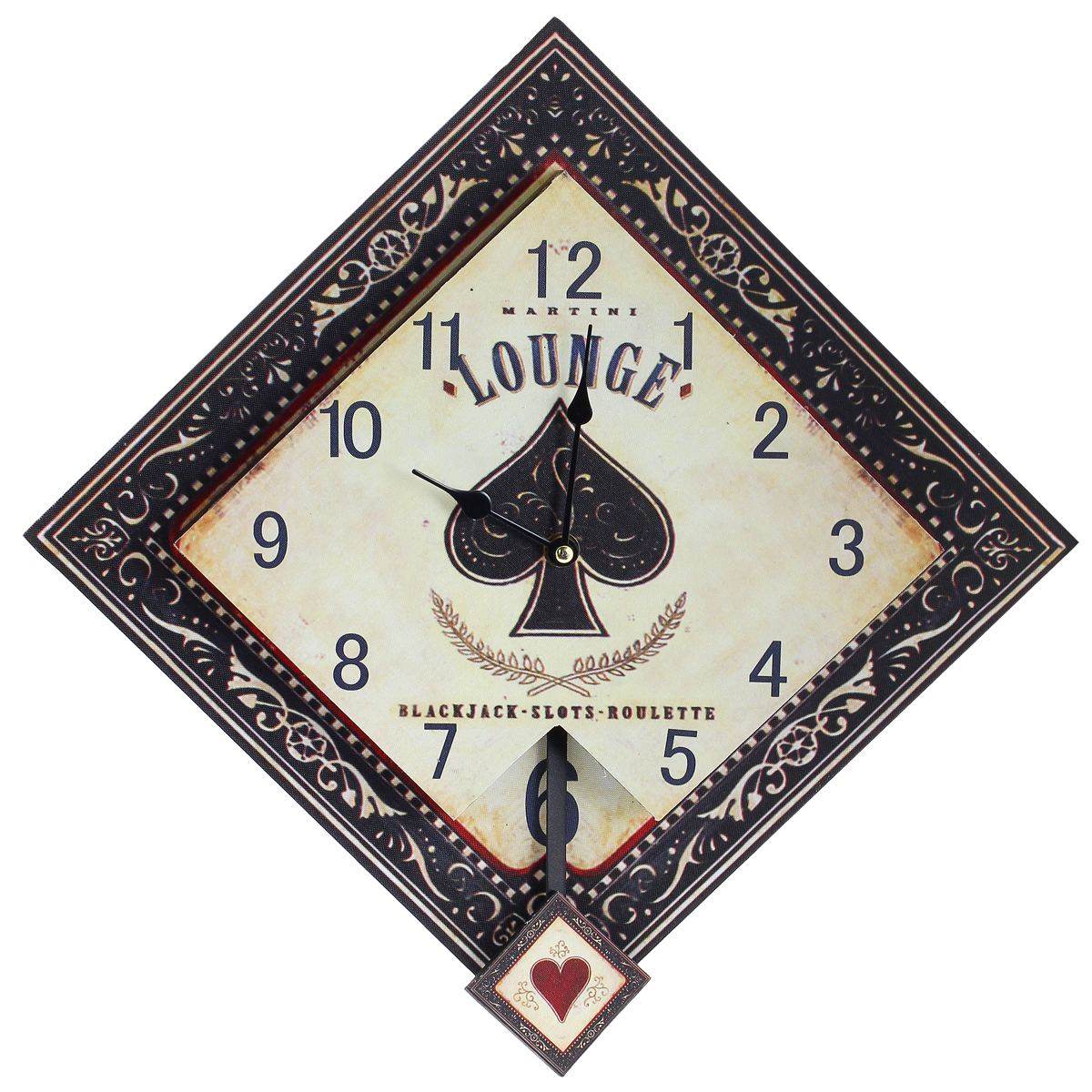 Часы настенные Black Jack, кварцевые, с маятником. 3037830378 Часы настенные Black Jack, кварцевые, с маятником. 3037830378Настенные кварцевые часы Black Jack изготовлены из МДФ. Часы имеют форму ромба. Корпус оформлен узорами и изображением карточных мастей. Тип индикации - арабские цифры. Часы имеют две стрелки - часовую и минутную. Часы оснащены маятником. С задней стороны имеется отверстие для подвешивания на стену. Изящные часы красиво и оригинально оформят интерьер дома или офиса. Часы работают от одной батарейки типа АА (в комплект не входит). Размер часов (ДхШхВ) (без учета маятника): 42 см х 42 см х 4 см. Размер циферблата: 30 см х 30 см. Внимание! Уважаемые клиенты, обращаем ваше внимание на тот факт, что циферблат часов не защищен стеклом!
