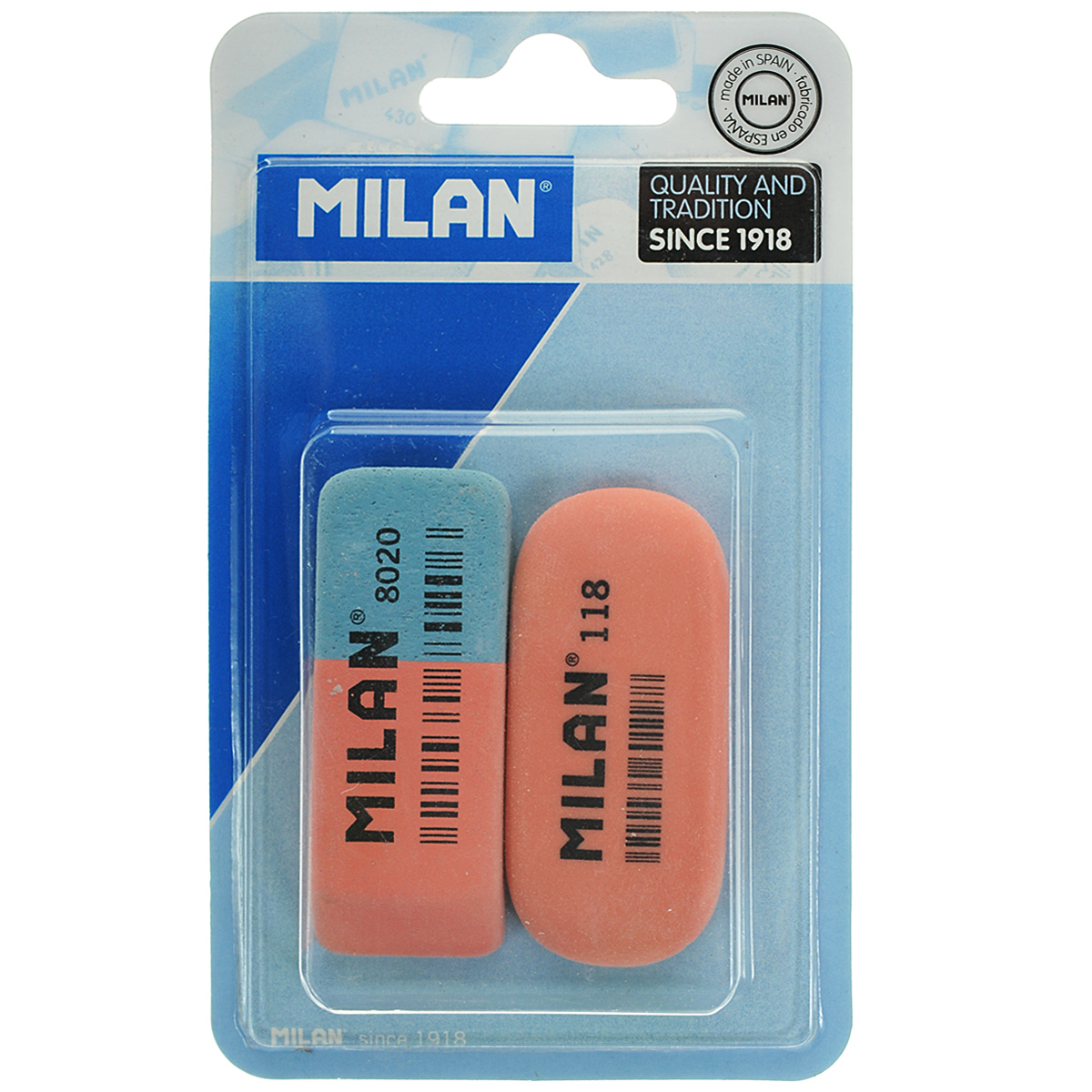Набор ластиков Milan, 2 шт. 8020+118//9216FS-54103 Набор ластиков Milan, 2 шт. 8020+118//9216FS-54103Ластики из набора Milan предназначены для стирания карандашей и чернил с бумаги различной плотности. Один из ластиков - натуральный. Синяя сторона другого ластика предназначена для работы с цветными пигментами и чернилами, красная - для графитовых надписей.В комплекте два ластика.