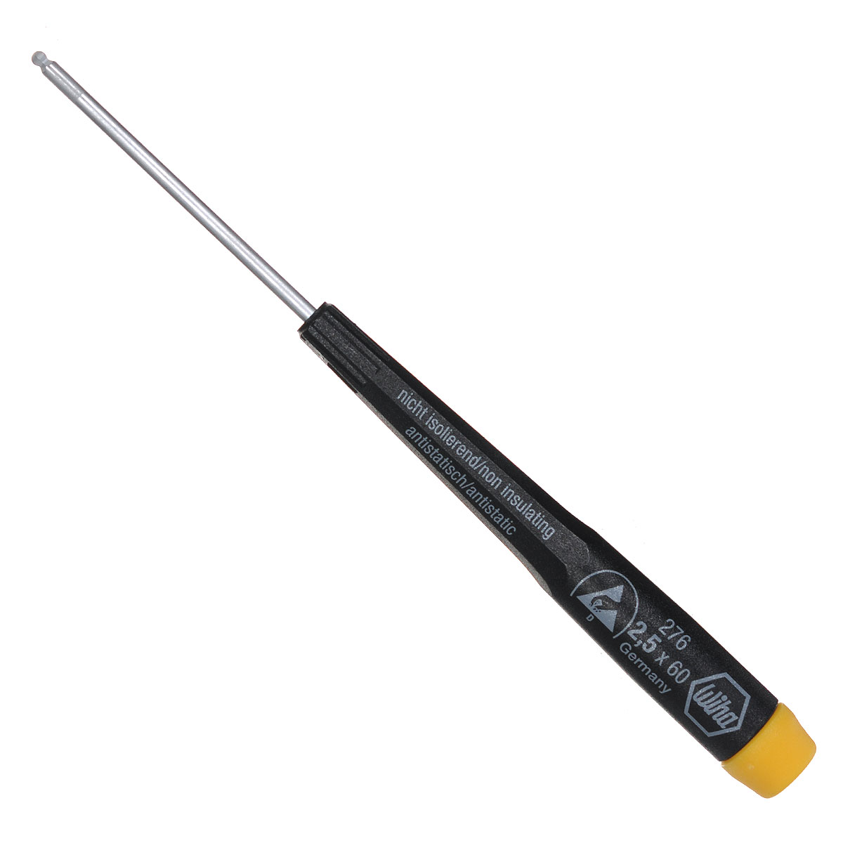 Отвертка Precision 276 ESD со сферической головкой SW2,5x60 Wiha 0765107651 Отвертка Precision 276 ESD со сферической головкой SW2,5x60 Wiha 0765107651Отвертка с шестигранником Wiha Precision ESD со сферической головкой оснащена диссипативной рукояткой, отводящей электростатический заряд. Жало выполнено из высококачественной хром-ванадий-молибденовой стали полной закалки с матовым хромированием. Наконечник Wiha ChromTop гарантирует максимальное соответствие размерности. Рукоятка Precision с крутящимся колпачком, поверхностное сопротивление 106-109 Ом. Применяется для любых работ с деталями, подверженными воздействию электростатического заряда. Сферическая головка позволяет закручивать под углом до 25°. Нормы: IEC 61340-5-1. Общая длина отвертки: 17 см. Длина жала: 6 см. Размер ручки: 11 см х 1,5 см х 1,5 см.