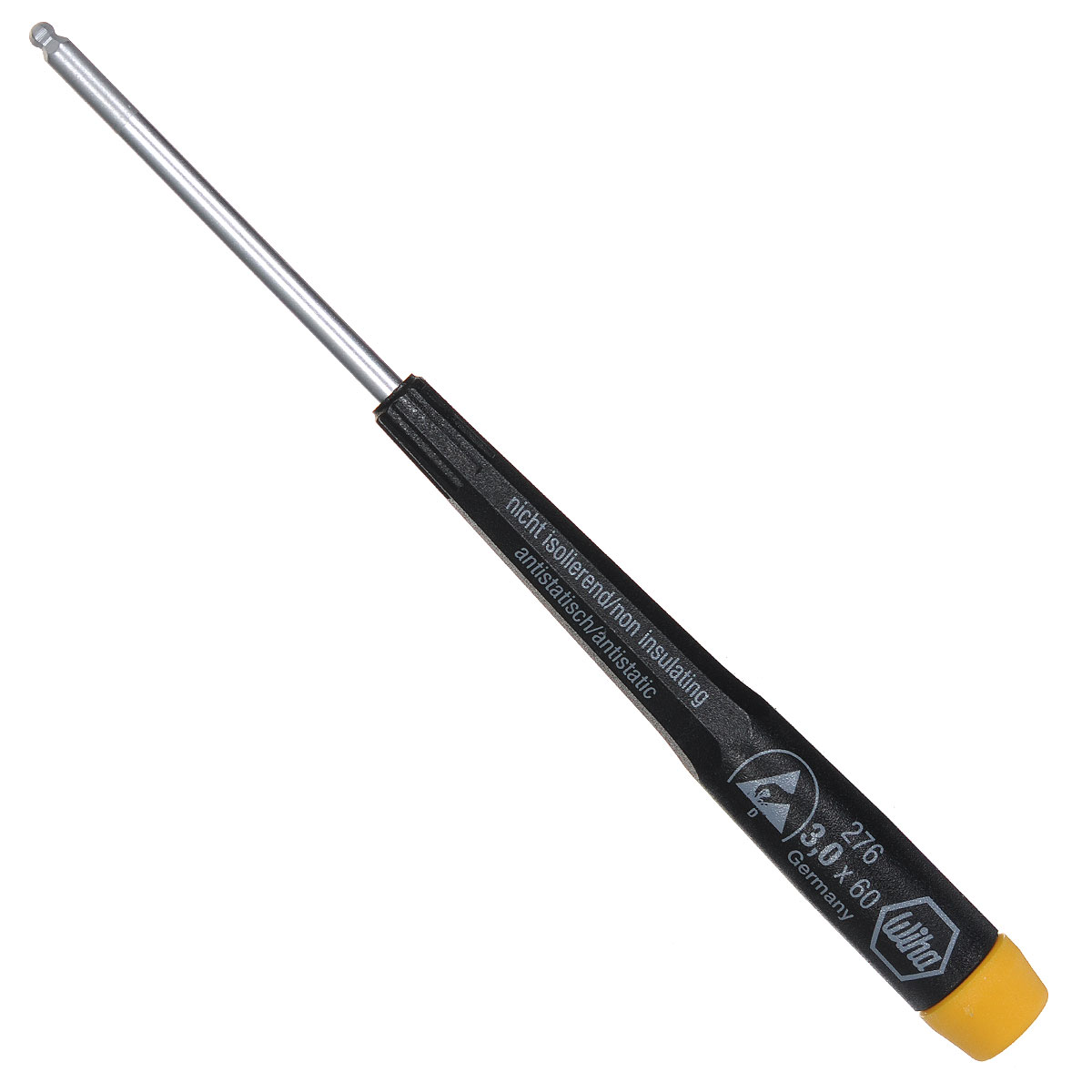 Отвертка Precision 276 ESD со сферической головкой SW3,0x60 Wiha 0765207652 Отвертка Precision 276 ESD со сферической головкой SW3,0x60 Wiha 0765207652Отвертка с шестигранником Wiha Precision ESD со сферической головкой оснащена диссипативной рукояткой, отводящей электростатический заряд. Жало выполнено из высококачественной хром-ванадий-молибденовой стали полной закалки с матовым хромированием. Наконечник Wiha ChromTop гарантирует максимальное соответствие размерности. Рукоятка Precision с крутящимся колпачком, поверхностное сопротивление 106-109 Ом. Применяется для любых работ с деталями, подверженными воздействию электростатического заряда. Сферическая головка позволяет закручивать под углом до 25°. Нормы: IEC 61340-5-1. Общая длина отвертки: 17 см. Длина жала: 6 см. Размер ручки: 11 см х 1,5 см х 1,5 см.