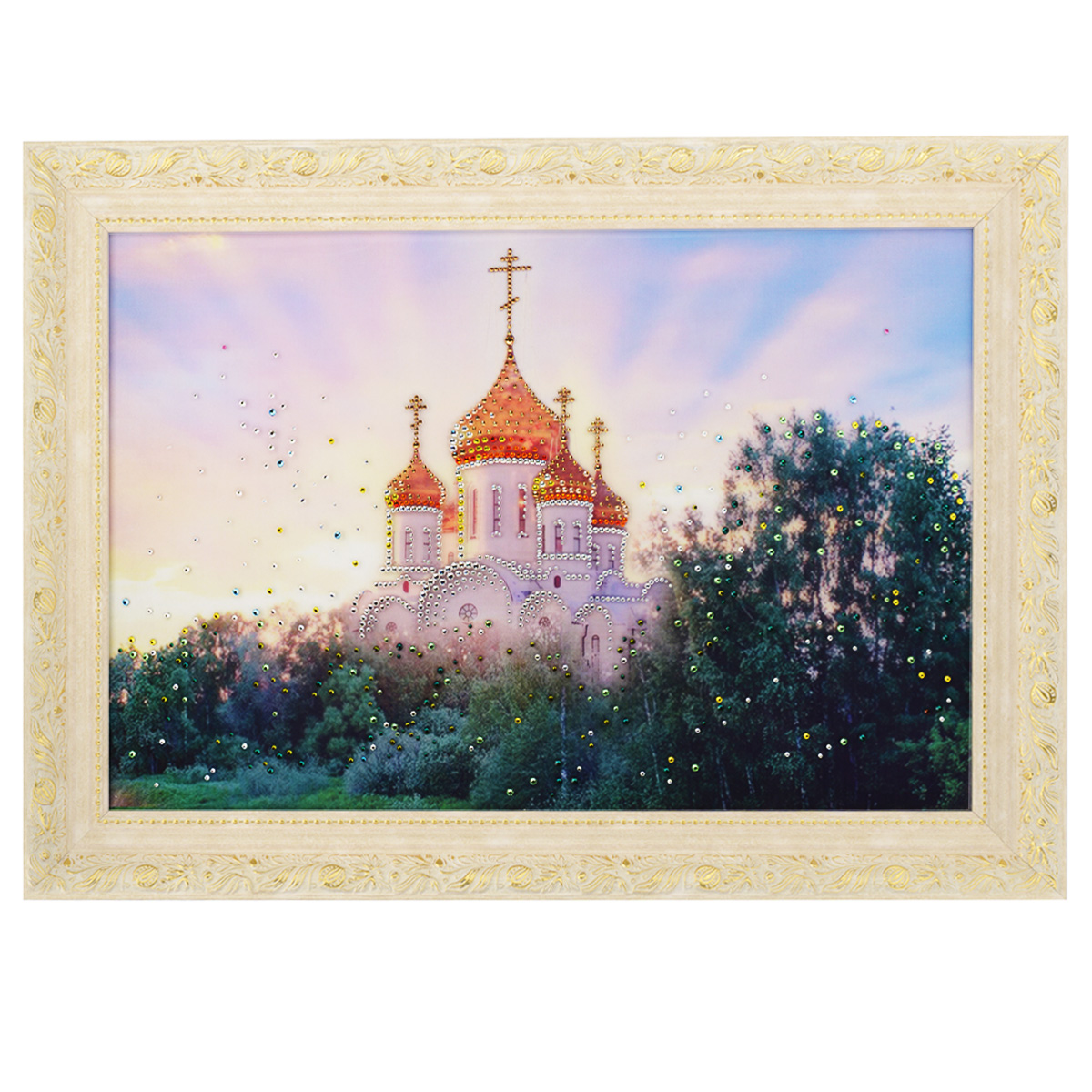 Картина с кристаллами Swarovski В лучах солнца, 70 см х 50 смU210DF Картина с кристаллами Swarovski В лучах солнца, 70 см х 50 смU210DFИзящная картина в багетной раме, инкрустирована кристаллами Swarovski, которые отличаются четкой и ровной огранкой, ярким блеском и чистотой цвета. Красочное изображение церкви, расположенное под стеклом, прекрасно дополняет блеск кристаллов. С обратной стороны имеется металлическая проволока для размещения картины на стене. Картина с кристаллами Swarovski В лучах солнца элегантно украсит интерьер дома или офиса, а также станет прекрасным подарком, который обязательно понравится получателю. Блеск кристаллов в интерьере, что может быть сказочнее и удивительнее. Картина упакована в подарочную картонную коробку синего цвета и комплектуется сертификатом соответствия Swarovski.