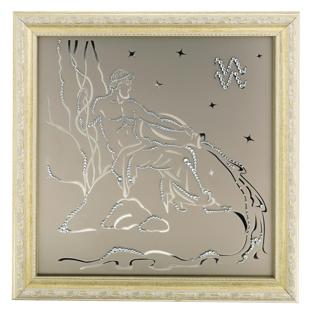 Картина с кристаллами Swarovski Знак зодиака. Водолей, 35 см х 35 см1130 Картина с кристаллами Swarovski Знак зодиака. Водолей, 35 см х 35 см1130Изящная картина в багетной раме, инкрустирована кристаллами Swarovski в виде знака зодиака - Водолей на матовом стекле золотистого цвета. Кристаллы Swarovski отличаются четкой и ровной огранкой, ярким блеском и чистотой цвета. С обратной стороны имеется металлическая проволока для размещения картины на стене. Картина с кристаллами Swarovski Знак зодиака. Водолей элегантно украсит интерьер дома или офиса, а также станет прекрасным подарком, который обязательно понравится получателю. Блеск кристаллов в интерьере, что может быть сказочнее и удивительнее. Картина упакована в подарочную картонную коробку синего цвета и комплектуется сертификатом соответствия Swarovski.