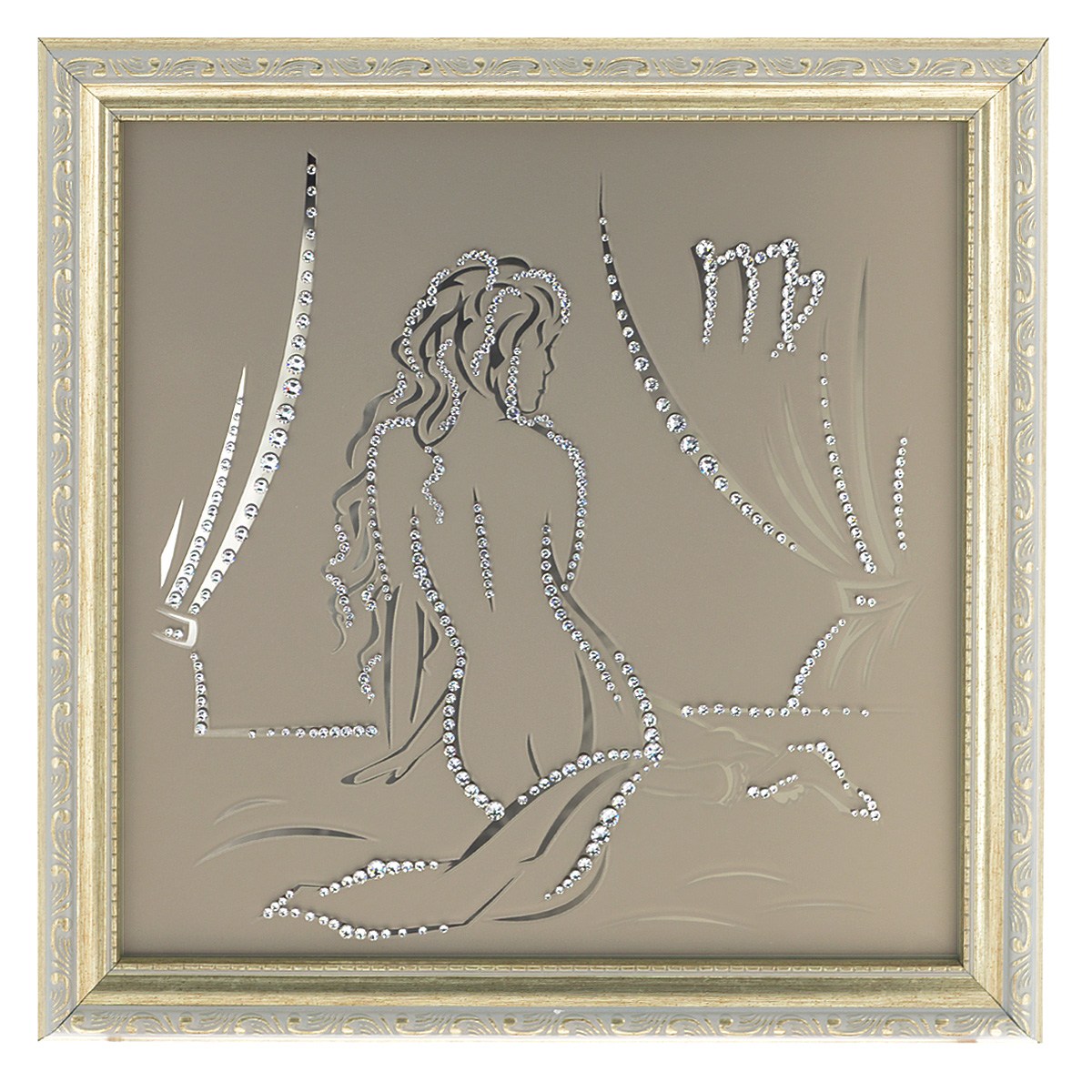 Картина с кристаллами Swarovski Знак зодиака. Дева, 35 х 35 см1137 Картина с кристаллами Swarovski Знак зодиака. Дева, 35 х 35 см1137Изящная картина в багетной раме Знак зодиака. Дева инкрустирована кристаллами Swarovski, которые отличаются четкой и ровной огранкой, ярким блеском и чистотой цвета. Идеально подобранная палитра кристаллов прекрасно дополняет картину. С задней стороны изделие оснащено проволокой для размещения на стене. Картина с кристаллами Swarovski элегантно украсит интерьер дома, а также станет прекрасным подарком, который обязательно понравится получателю. Блеск кристаллов в интерьере - что может быть сказочнее и удивительнее. Изделие упаковано в подарочную картонную коробку синего цвета и комплектуется сертификатом соответствия Swarovski.
