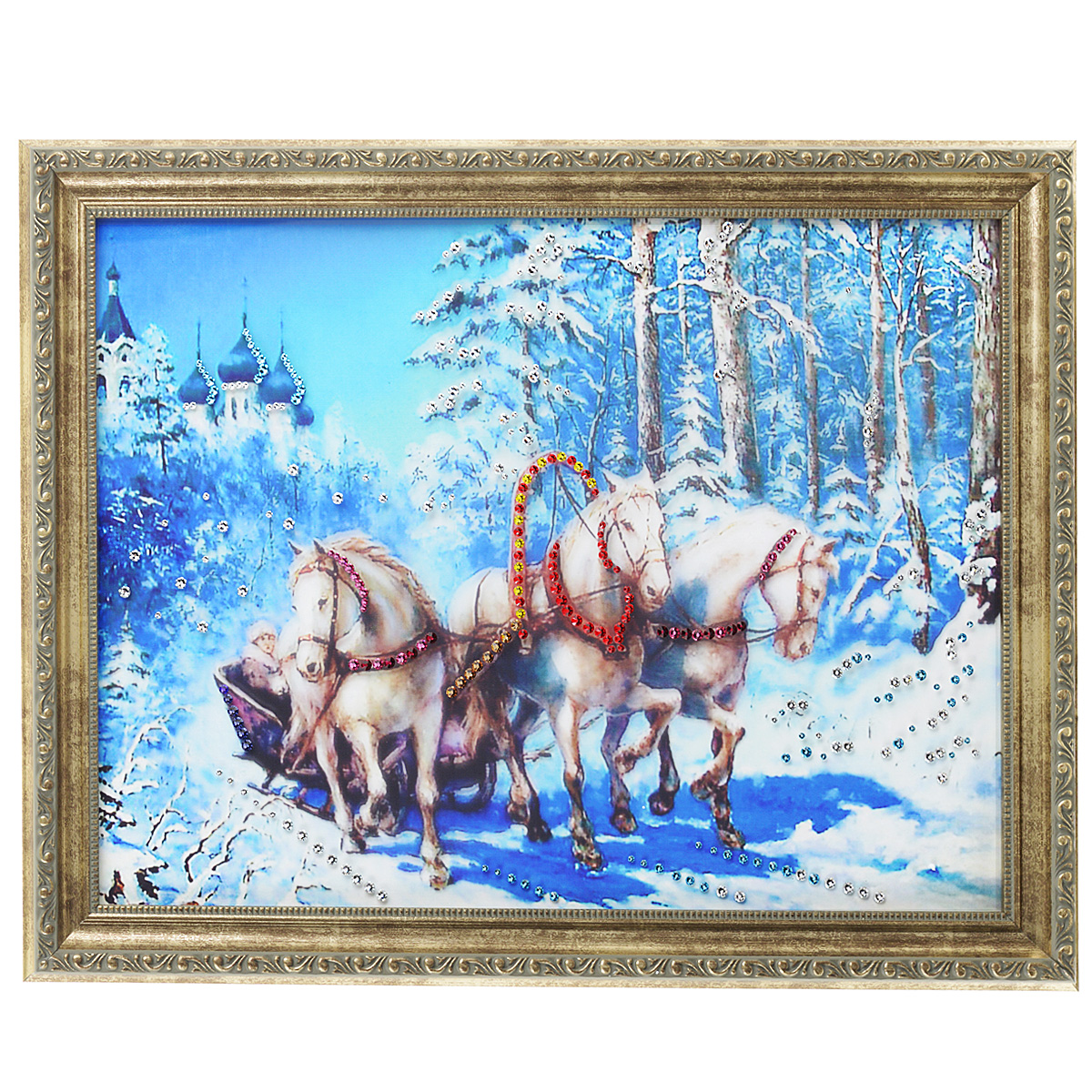 Картина с кристаллами Swarovski Тройка малая, 45 х 35 см1404 Картина с кристаллами Swarovski Тройка малая, 45 х 35 см1404Изящная картина в багетной раме, инкрустирована кристаллами Swarovski, которые отличаются четкой и ровной огранкой, ярким блеском и чистотой цвета. Красочное изображение тройки белых лошадей, расположенное на внутренней стороне стекла, прекрасно дополняет блеск кристаллов. С обратной стороны имеется металлическая проволока для размещения картины на стене. Картина с кристаллами Swarovski Тройка малая элегантно украсит интерьер дома или офиса, а также станет прекрасным подарком, который обязательно понравится получателю. Блеск кристаллов в интерьере, что может быть сказочнее и удивительнее. Картина упакована в подарочную картонную коробку синего цвета и комплектуется сертификатом соответствия Swarovski.