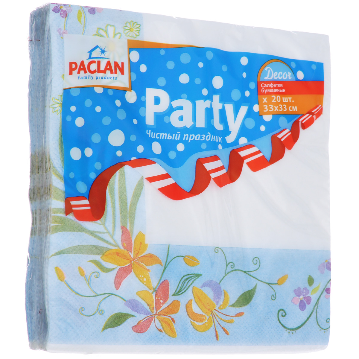 Салфетки бумажные Paclan Party. Decor, цвет: белый, голубой, трехслойные, 33 см х 33 см, 20 шт400119 Салфетки бумажные Paclan Party. Decor, цвет: белый, голубой, трехслойные, 33 см х 33 см, 20 шт400119Трехслойные бумажные салфетки Paclan Party. Decor, выполненные из натуральной целлюлозы, станут отличным дополнением праздничного стола. Изделия украшены изображениями цветов. Они отличаются необычной мягкостью и прочностью. Салфетки красиво оформят сервировку стола. Размер салфеток: 33 см х 33 см. Количество слоев: 3 слоя. Количество салфеток: 20 шт.
