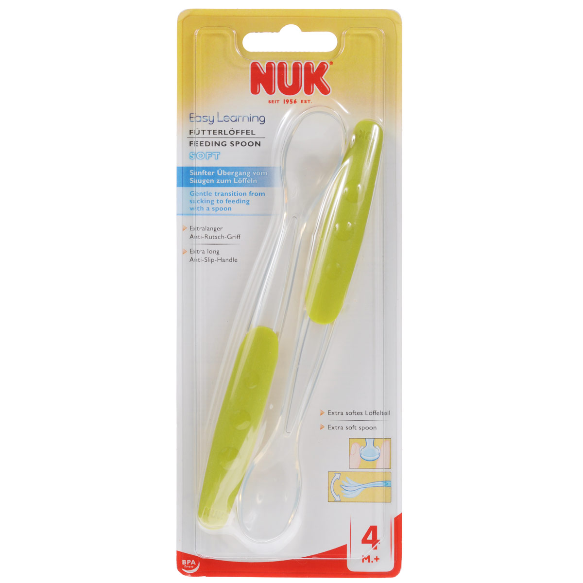 Ложка силиконовая NUK Easy Learning Soft, цвет: салатовый, 2 шт10 255 065 Ложка силиконовая NUK Easy Learning Soft, цвет: салатовый, 2 шт10 255 065Силиконовая ложка NUK Easy Learning Soft идеально подойдет для плавного перехода от грудного вскармливания к кормлению ложкой. Узкая форма с закругленными краями подходит для бережного кормления, легко удаляет излишки еды со щек и подбородка. Длинная и нескользящая ручка облегчает зачерпывание пищи из глубоких баночек. В наборе две ложки. Допустимо мытье в посудомоечной машине. Рекомендуемый возраст: от 4 месяцев.
