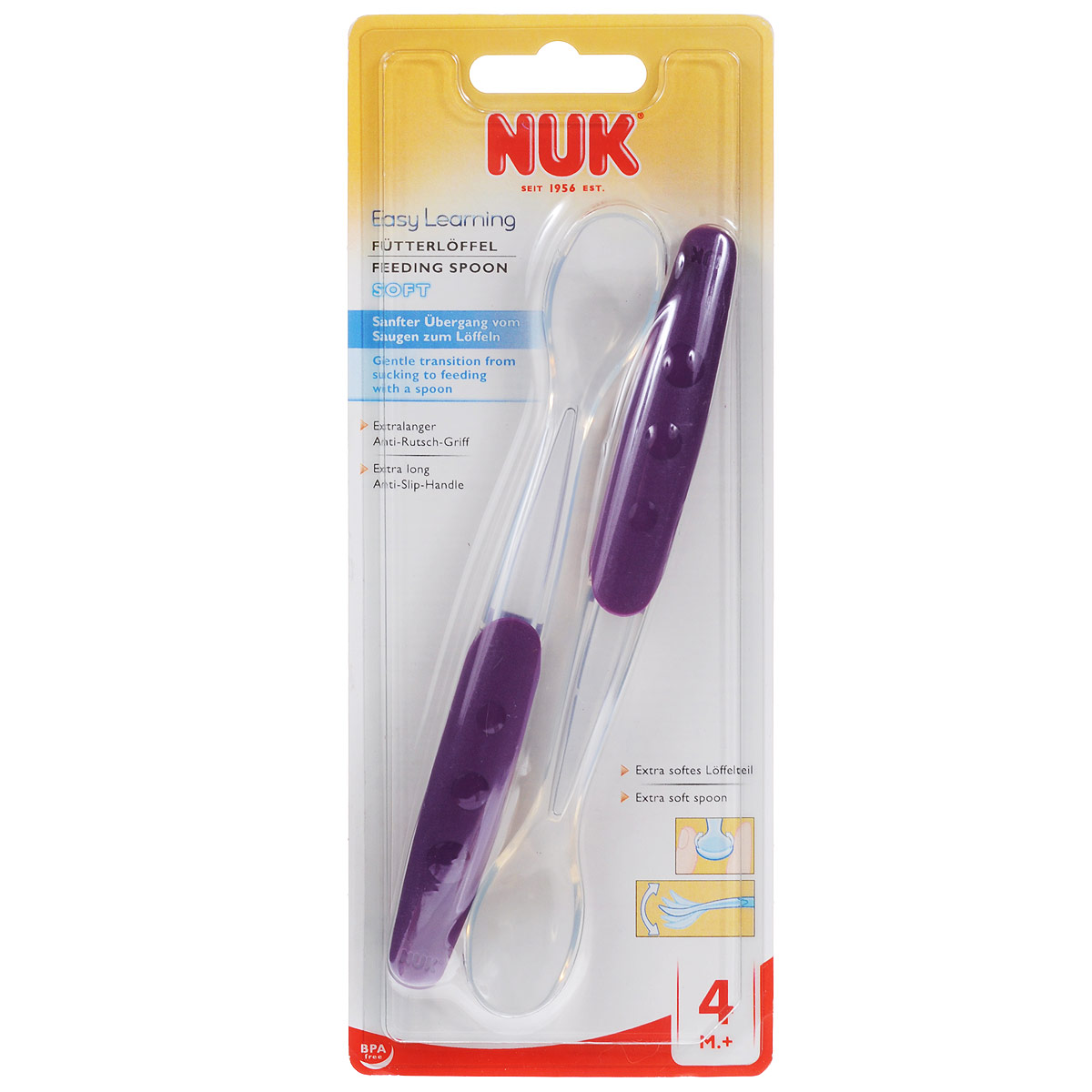 Ложка силиконовая NUK Easy Learning Soft, цвет: фиолетовый, 2 шт10 255 065 Ложка силиконовая NUK Easy Learning Soft, цвет: фиолетовый, 2 шт10 255 065Силиконовая ложка NUK Easy Learning Soft идеально подойдет для плавного перехода от грудного вскармливания к кормлению ложкой. Узкая форма с закругленными краями подходит для бережного кормления, легко удаляет излишки еды со щек и подбородка. Длинная и нескользящая ручка облегчает зачерпывание пищи из глубоких баночек. В наборе две ложки. Допустимо мытье в посудомоечной машине. Рекомендуемый возраст: от 4 месяцев.