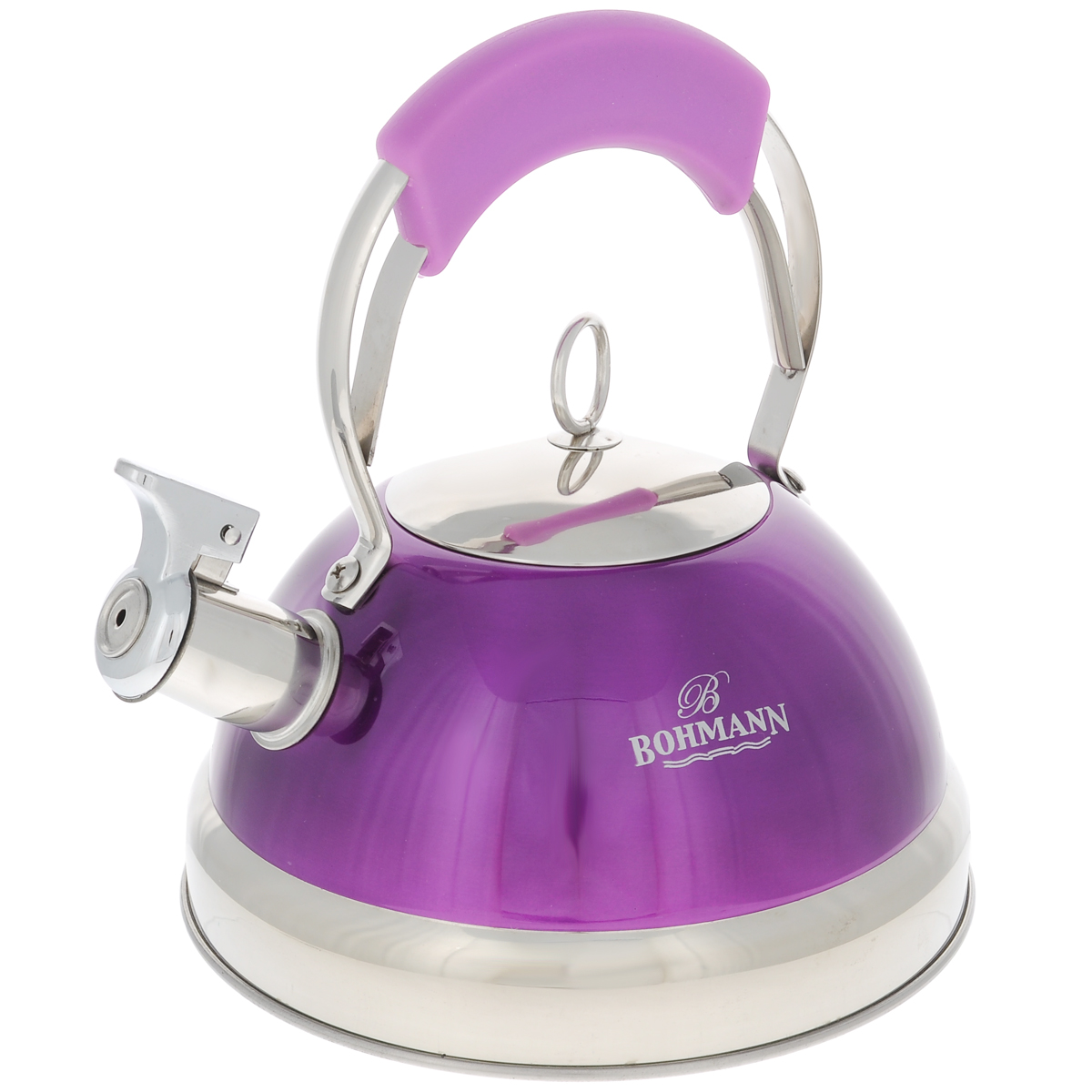Чайник Bohmann со свистком, цвет: фиолетовый, 3 л. 9926BHNEWVT-1520(SR) Чайник Bohmann со свистком, цвет: фиолетовый, 3 л. 9926BHNEWVT-1520(SR)Чайник Bohmann изготовлен из высококачественной нержавеющей стали с зеркальной полировкой и оформлен цветной эмалью. Нержавеющая сталь - материал, из которого в течение нескольких десятилетий во всем мире производятся столовые приборы, кухонные инструменты и различные аксессуары. Этот материал обладает высокой стойкостью к коррозии и кислотам. Прочность, долговечность и надежность этого материала, а также первоклассная обработка обеспечивают практически неограниченный запас прочности и неизменно привлекательный внешний вид. Чайник оснащен удобной ручкой с цветной силиконовой вставкой, что предотвращает появление ожогов и обеспечивает безопасность использования. Благодаря широкому верхнему отверстию, в чайник удобно заливать воду и прочищать его изнутри. Носик чайника имеет откидной свисток, который подскажет, когда вода закипела. Можно использовать на газовых, электрических, галогенных, стеклокерамических, индукционных плитах. Можно мыть в посудомоечной машине.