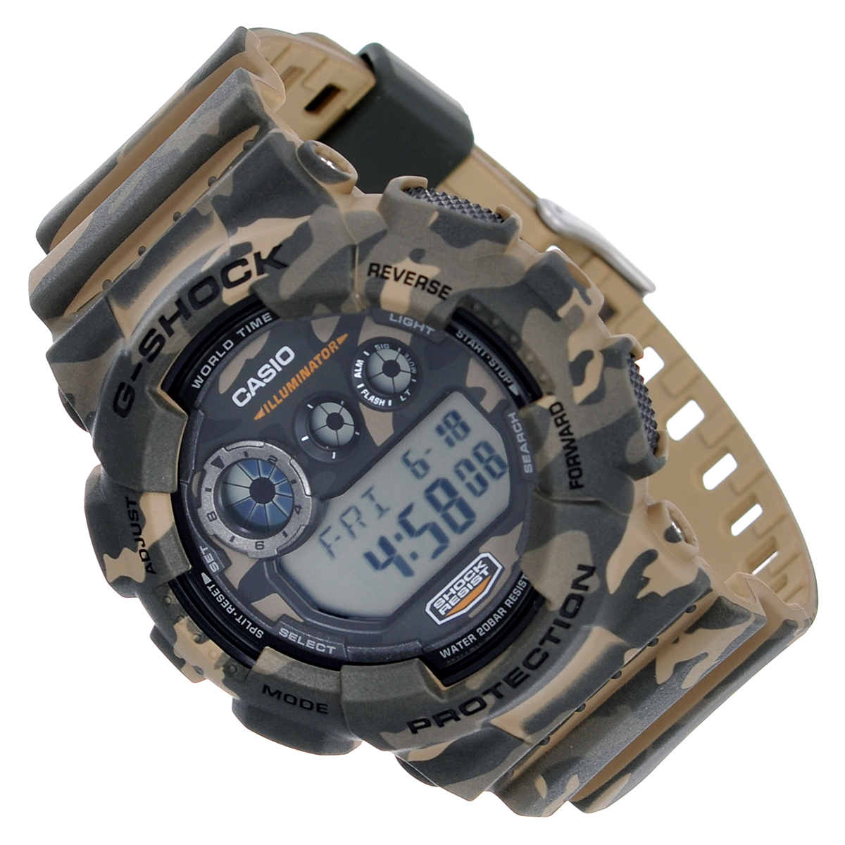 Часы мужские наручные Casio G-Shock, цвет: серый, камуфляж. GD-120CM-5EBM8434-58AE Часы мужские наручные Casio G-Shock, цвет: серый, камуфляж. GD-120CM-5EBM8434-58AEСтильные часы G-Shock от японского брэнда Casio - это яркий функциональный аксессуар для современных людей, которые стремятся выделиться из толпы и подчеркнуть свою индивидуальность. Часы выполнены в спортивном стиле. Корпус имеет ударопрочную конструкцию, защищающую механизм от ударов и вибрации. Циферблат подсвечивается светодиодной автоматической подсветкой. При движении руки дисплей освещается ярким светом. Ремешок из мягкого пластика имеет классическую застежку.Основные функции: -5 будильников, один из которых с функцией Snooze, ежечасный сигнал; -автоматический календарь (число, месяц, день недели, год); -сплит-хронограф; -секундомер с точностью показаний 1/100 с, время измерения 24 часа; -12-ти и 24-х часовой формат времени; -таймер обратного отсчета от 1 мин до 24 ч; -мировое время; -функция включения/отключения звука.Часы упакованы в фирменную коробку с логотипом Casio. Такой аксессуар добавит вашему образу стиля и подчеркнет безупречный вкус своего владельца.Характеристики: Диаметр циферблата: 3,7 см.Размер корпуса: 5,8 см х 5,4 см х 2 см.Длина ремешка (с корпусом): 25,5 см.Ширина ремешка: 2,2 см. STAINLESS STELL BACK MADE IN CHINA EL.