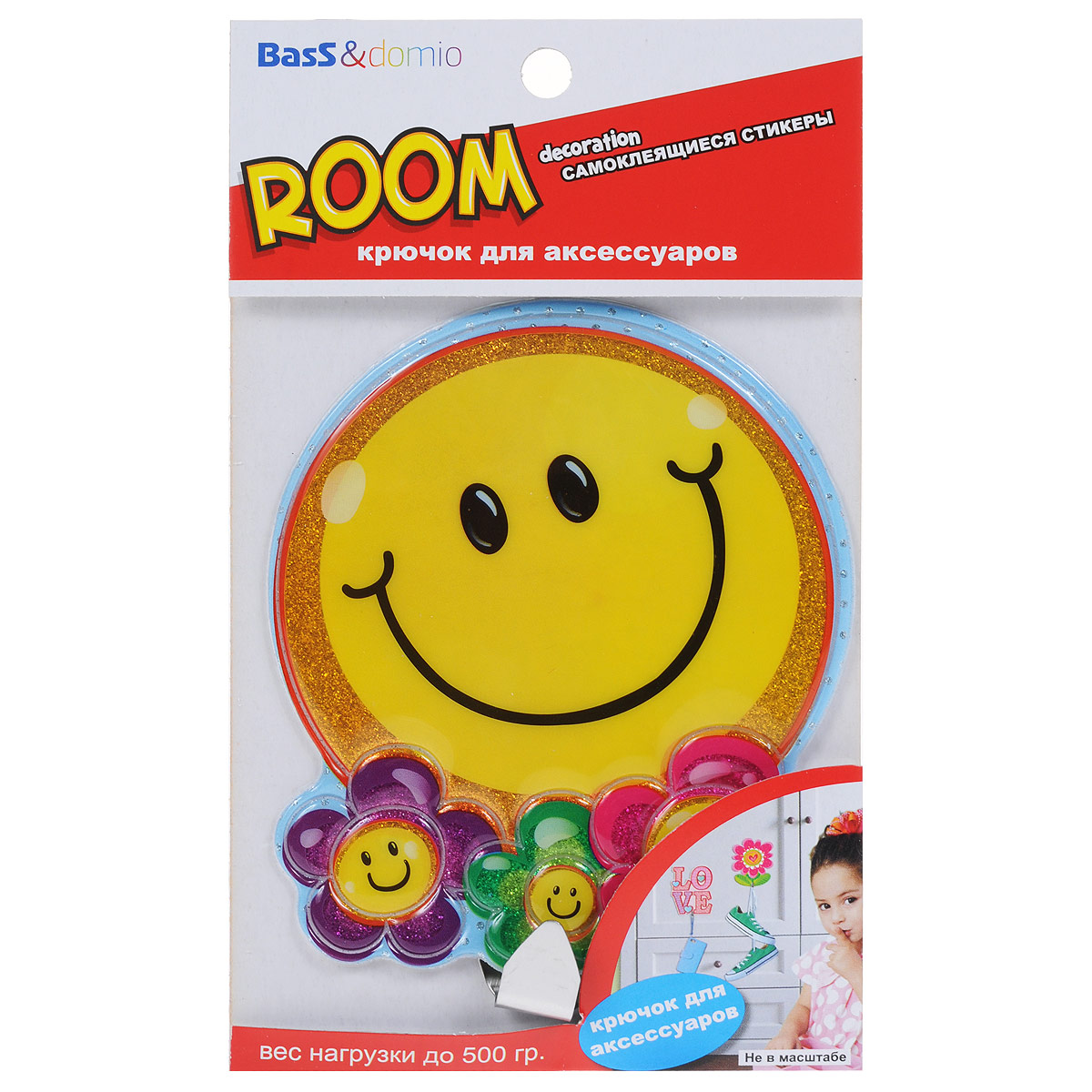 Наклейка для интерьера Room Decoration Смайлик, с крючком для аксессуаров, 12 х 9 смSHA0203 Наклейка для интерьера Room Decoration Смайлик, с крючком для аксессуаров, 12 х 9 смSHA0203Наклейка для стен и предметов интерьера Room Decoration Смайлик, изготовленная из экологически безопасной самоклеящейся виниловой пленки и пластика - это удивительно простой и быстрый способ оживить интерьер помещения. Изделие выполнено в виде улыбающегося смайлика, декорированного цветами и блестками. Наклейка оснащена металлическим крючком для подвешивания различных аксессуаров. Интерьерные наклейки дадут вам вдохновение, которое изменит вашу жизнь и поможет погрузиться в мир ярких красок, фантазий и творчества. Для вас открываются безграничные возможности придумать оригинальный дизайн и придать новый вид стенам и мебели. Наклейки абсолютно безопасны для здоровья. Они быстро и легко наклеиваются на любые ровные поверхности: стены, окна, двери, кафельную плитку, виниловые и флизелиновые обои, стекла, мебель. При необходимости удобно снимаются, не оставляют следов и не повреждают поверхность (кроме бумажных обоев). Наклейка Room Decoration ...