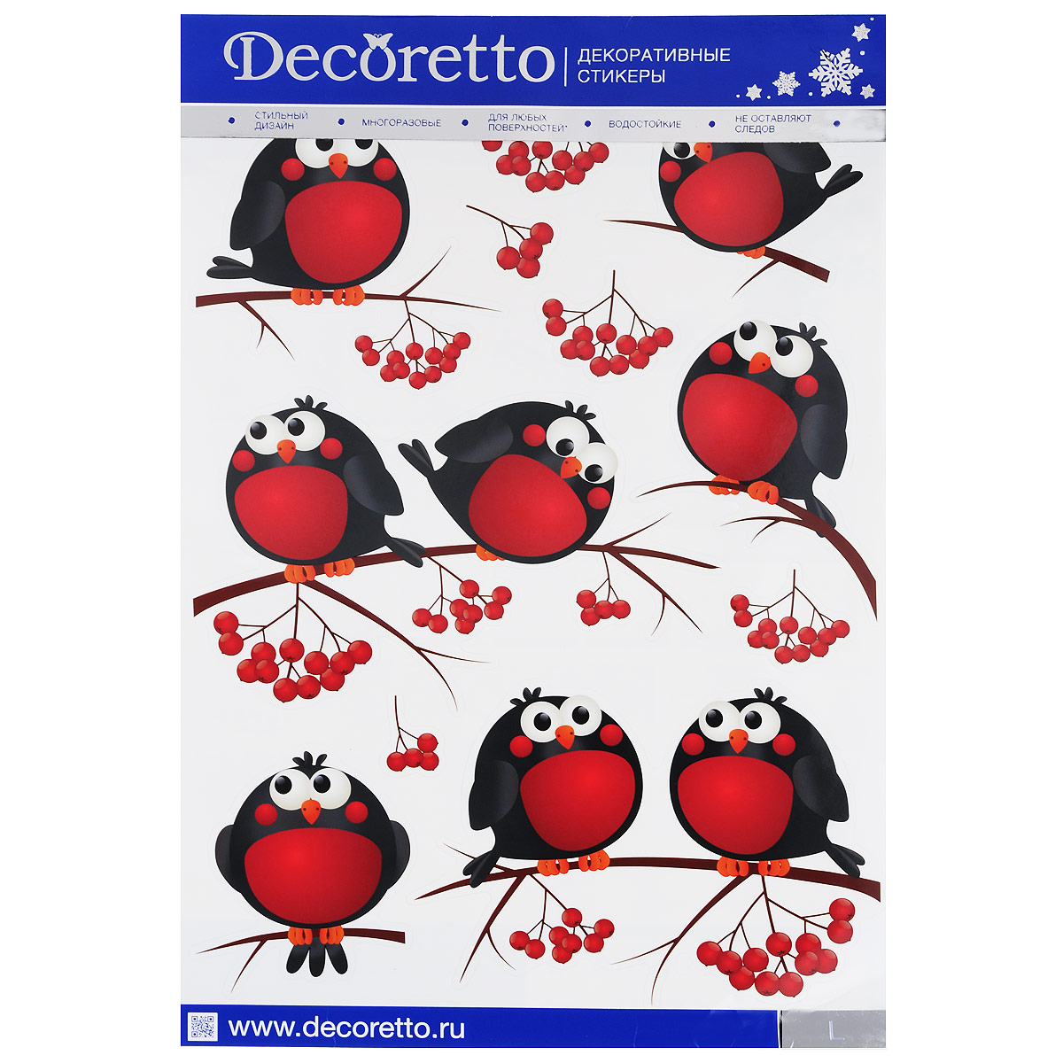 Украшение для стен и предметов интерьера Decoretto Снегири на ветке, 11 шт. NI 4002NI 4002 Декор Украшение для стен и предметов интерьера Decoretto Снегири на ветке, 11 шт. NI 4002NI 4002 ДекорНаклейки для интерьера Decoretto Снегири на ветке помогут вам украсить любую комнату. Украшение состоит из 11 самоклеющегося элемента в виде снегирей на ветках и ягод рябины. Это украшение поможет вам разнообразить интерьер вашего дома и проявить индивидуальность. Наклейки идеально подойдут для детской комнаты. Преимущества украшений Decoretto: съемные и многоразовые; безопасны для окрашенных стен; нетоксичный, экологически чистый материал; водостойкие; держатся на поверхности не менее 3 лет. Decoretto - уникальный способ легко и быстро оживить интерьер, добавить в него уют и радость. Для вас открываются безграничные возможности проявить творчество и фантазию, придумать оригинальный дизайн, придать новый вид стенам и мебели.