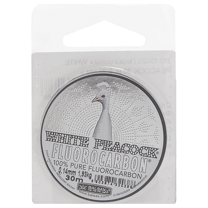 Леска Balsax White Peacock Fluorocarbon, сечение 0,14 мм, длина 30 м26765 Леска Balsax White Peacock Fluorocarbon, сечение 0,14 мм, длина 30 м26765Леска зимняя Balsax White Peacock Fluorocarbon выполнена из флюорокарбона, благодаря которому она становится абсолютно невидимой в воде. Обычные лески отражают световые лучи, поэтому рыбы их обнаруживают. Флюорокарбон имеет приближенный к воде коэффициент преломления, поэтому пропускает сквозь себя свет, не давая отражений. Рыбы не видят флюорокарбон. Многие рыболовы во всем мире используют подобные лески в качестве поводковых, благодаря чему получают более лучшие результаты. Флюорокарбон на 50% тяжелее обычных лесок и на 78% тяжелее воды. Понятно, почему этот материал используется для рыболовных лесок, он тонет очень быстро. Флюорокарбон не впитывает воду даже через 100 часов нахождения в ней. Обычные лески впитывают до 10% воды в течение 24 часов, что приводит к потере 5 - 10% прочности. Флюорокарбон не теряет прочности. Сопротивляемость флюорокарбона к истиранию значительно больше, чем у обычных лесок. Он выдерживает температуры от -40° C до + 160° C.