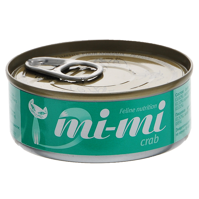 Консервы для кошек и котят Mi-Mi, с крабом, 80 г15836 Консервы для кошек и котят Mi-Mi, с крабом, 80 г15836Консервы Mi-Mi изготовлены только из натуральных продуктов с добавлением минеральных веществ и витаминов в необходимой пропорции. Не содержат красителей и ароматизаторов. Идеально сбалансированный состав позволяет применять консервы Mi-Mi для кормления самых требовательных и проблемных кошек, в том числе и для бесшерстных пород. Способствует профилактике мочекаменной болезни за счет сбалансированного минерального состава и pH-контроля. Содержат высокую концентрацию таурина, оказывающего благотворное действие на зрение и сердце. Состав: филе тунца (47,4%), мясо краба (3,6%), загуститель (1,2%), яичный порошок (0,1%), куриный бульон (47,69%), витамин Е (0,01%). Пищевая ценность: протеин (12%), жир (0,50%), зола (3%), клетчатка (1%), влажность (85%). Энергетическая ценность: не менее 46 ккал / 100 г. Товар сертифицирован.