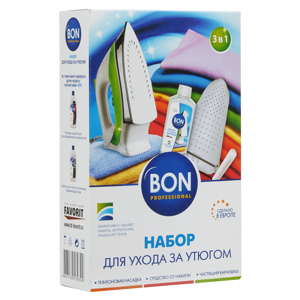 Набор для ухода за утюгом и деликатными тканями Bon, 3 предметаBN-1011 Набор для ухода за утюгом и деликатными тканями Bon, 3 предметаBN-1011Набор для ухода за утюгом и деликатными тканями Bon состоит из тефлоновой насадки, чистящего карандаша и средства от накипи. Тефлоновая насадка подходит для всех типов утюгов, защищает шелковые, синтетические, шерстяные и другие виды деликатных тканей от пятен и накипи от отпаривания. Защищает подошву утюга от загрязнений и механических повреждений, царапин от металлической фурнитуры, облегчает процесс глажения. Чистящий карандаш очищает подошву утюга от загрязнений, не царапает поверхность, улучшает скольжение ткани. Подходит для всех типов покрытий, незаменим для утюгов с тефлоновой подошвой. Специальное средство от накипи эффективно удаляет накипь и известковые отложения на нагревательных элементах утюгов. Защищает и улучшает их работу. Набор специально разработан для ухода за утюгом. Размер тефлоновой насадки: 24,5 см х 16 см х 0,5 см. Длина чистящего карандаша: 9,5 см. Объем средства от накипи: 250 мл. Состав: 5% неанионные ПАВ,...