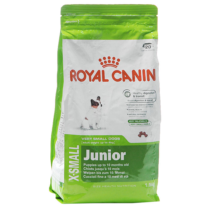 Корм сухой Royal Canin X-Small Junior, для щенков миниатюрных размеров от 2 до 10 месяцев, 500 г0120710 Корм сухой Royal Canin X-Small Junior, для щенков миниатюрных размеров от 2 до 10 месяцев, 500 г0120710Сухой корм Royal Canin X-small Junior является полнорационным кормом для щенков очень мелких собак (вес взрослой собаки до 4 кг) в возрасте до 10 месяцев.Период роста у собак миниатюрных размеров краток, но интенсивен, и именно в это время закладывается основа будущего здоровья. Всего за 7-8 недель с момента рождения вес щенка увеличивается в 10 раз! Чтобы обеспечить собаке наилучшее качество жизни, важно с самого начала использовать сбалансированный рацион питания, учитывающий особые потребности щенка.Максимальная защита пищеварительной системы main_benefit-300.pngЭксклюзивная комбинация питательных веществ для оптимальной безопасности пищеварительной системы(белки L.I.P.) и баланса кишечной флоры, а также для поддержания оптимальной консистенции стула у щенков. Высокое содержание энергии.Удовлетворяет энергетические потребности щенков собак миниатюрных размеров в период роста. Обладает высокой вкусовой привлекательностью. Здоровье зубов.Помогает замедлить образование зубного налета благодаря полифосфату натрия, который связывает кальций, содержащийся в слюне.Естественные механизмы защиты.Поддерживает естественные механизмы защиты организма щенков благодаря запатентованному комплексу антиоксидантов и наличию пребиотиков. Маленькие крокеты разработаны специально для крошечных челюстей собак миниатюрных размеров, а их эксклюзивная формула привлекательна даже для собак, особенно привередливых в питании.Состав: дегидратированное мясо птицы, рис, кукуруза, животные жиры, изолят растительных белков, кукурузная клейковина, гидролизат белков животного происхождения, свекольный жом, минеральные вещества, соевое масло, оболочка и семена подорожника 1%, рыбий жир, фруктоолигосахариды, гидролизат дрожжей (источник маннановых олигосахаридов), экстракт бархатцев прямостоячих (источник лютеина).Пищевые добавки на 1 кг: витамин А 21800 МЕ, витамин D3 1000 МЕ, железо 46 мг, йод 4,6 мг, марганец 59 мг, цинк 178 мг, селен 0,08 мг, триполифосфат натрия 3,5 г, консервант, антиокислители.Пищевая ценность: белки 31%, жиры 20%, минеральные вещества 7,1%, клетчатка пищевая 1,5%, медь 15 кг/мг.Товар сертифицирован.
