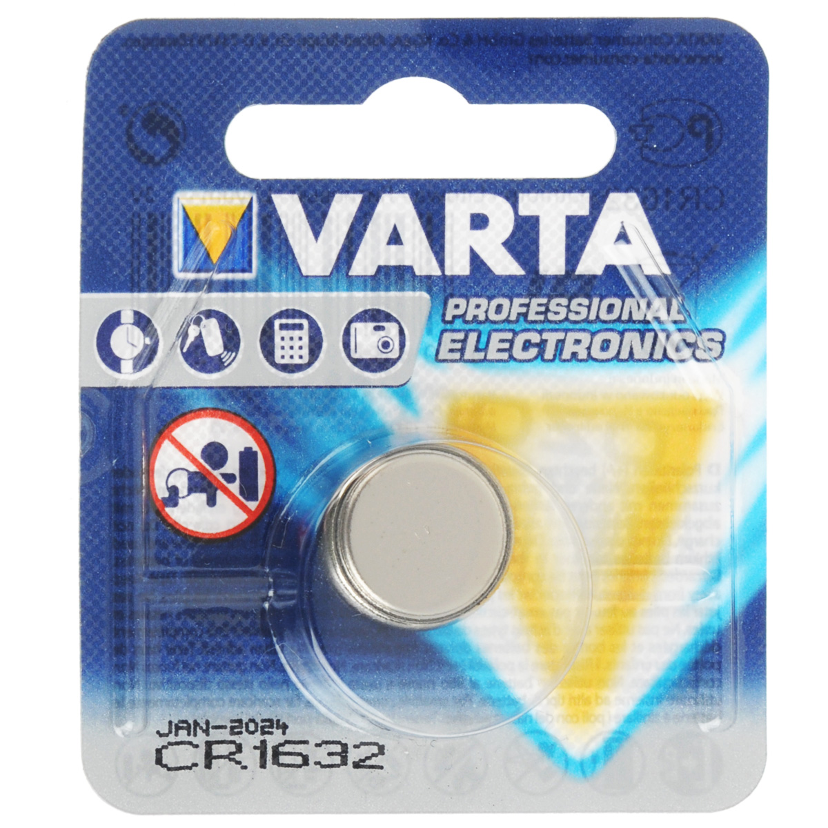 Батарейка Varta Professional Electronics, тип CR1632, 3В, 1 шт38440 Батарейка Varta Professional Electronics, тип CR1632, 3В, 1 шт38440Батарейка Varta Professional Electronics обеспечивает высокую энергию для автомобильных ключей, калькуляторов, фотоаппаратов и других электронных приборов.