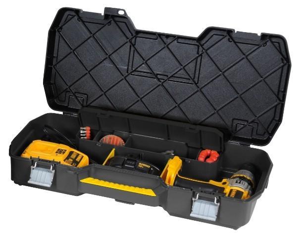 Ящик для инструмента с металлическими замками Stanley1-70-737 Ящик для инструмента с металлическими замками Stanley1-70-737Stanley 1-70-737 - кейс для электроинструмента с металлическими замками. Он содержит отделение для хранения сверл, а также отделения с перегородками для мелких деталей и аксессуаров. Модель имеет интегрированную ручку для переноски