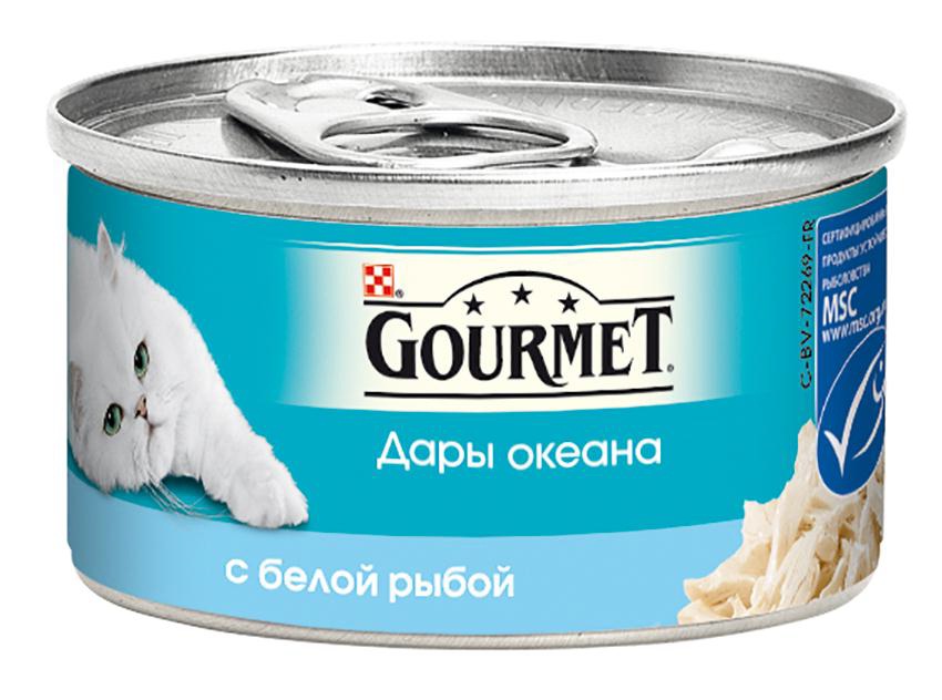 Консервы Gourmet Дары океана для кошек, с белой рыбой, 85 г0120710 Консервы Gourmet Дары океана для кошек, с белой рыбой, 85 г0120710Корм Gourmet Дары океана - это изысканное разнообразие рыбных блюд, которыми вы можете побаловать вашего любимца. Ваша кошка высоко оценит нежные кусочки из рыбы, приготовленные в аппетитном соусе.Состав: рыба и продукты переработки рыбы (в том числе белой рыбы 4%), экстракт растительного белка, мясо и продукты переработки мяса 2,5%, рыбий жир, растительное масло, сорбитол, сахара, минеральные вещества, красители, витамины.Добавленные вещества: МЕ/кг: витамин A 1960, витамин D3 140, мг/кг: железо 19, йод 0,15, медь 0,93, марганец, 1,3, цинк 19.Гарантируемые показатели: влажность 81,3%, белок 10,6%, жир 2,5%, сырая зола 1,9%, сырая клетчатка 0,8%.Товар сертифицирован.