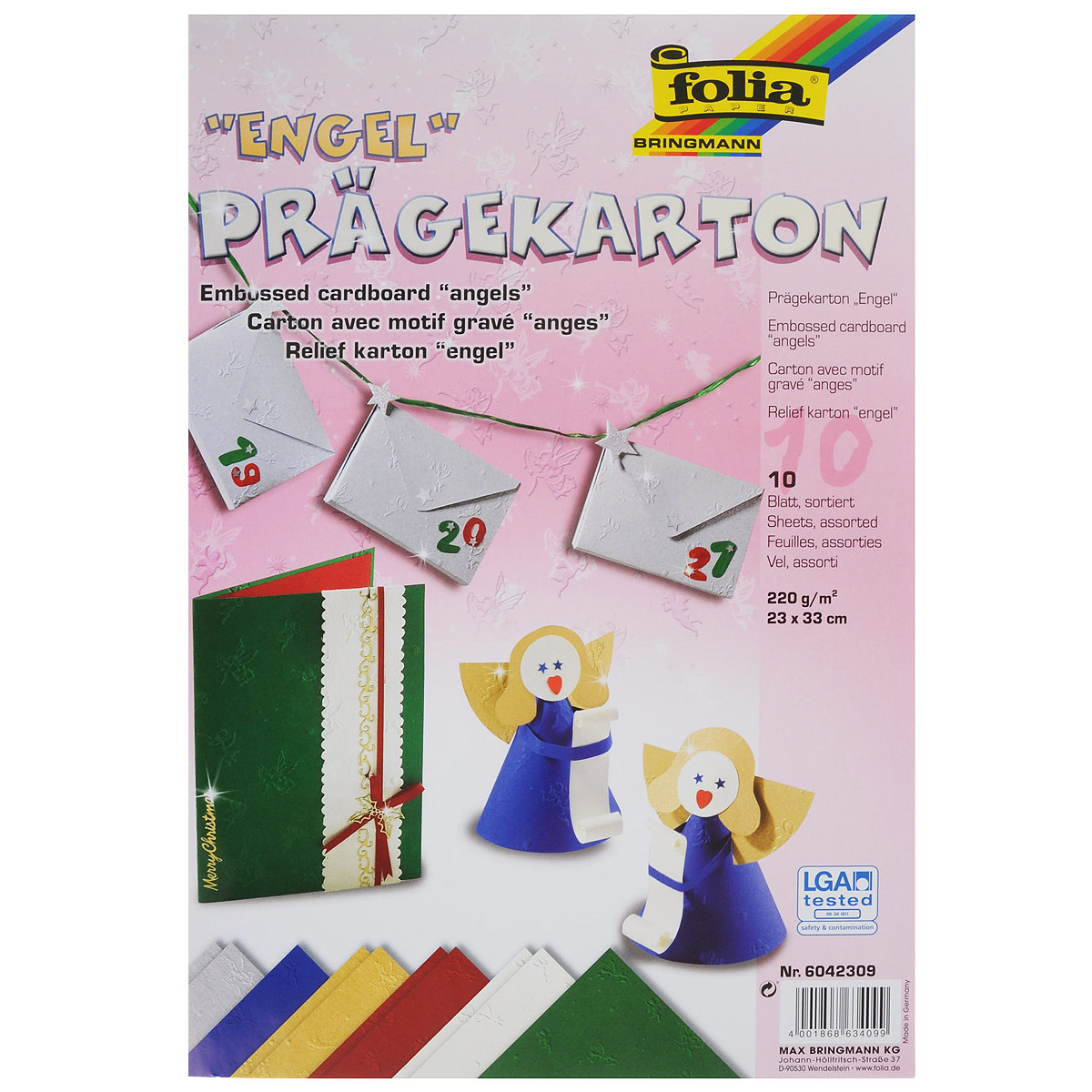 Картон текстурированный Folia Ангелы, 23 x 33 см, 10 листов7708053 Картон текстурированный Folia Ангелы, 23 x 33 см, 10 листов7708053Картон Folia Ангелы с оригинальной текстурой идеально подходит для декора, скрапбукинга, создания поздравительных карточек, украшения интерьера, различных поделок и др. Картон прекрасно держит форму и отлично крепится. Размер листа: 23 см х 33 см. Плотность: 220 г/м2. Комплектация: 10 листов.