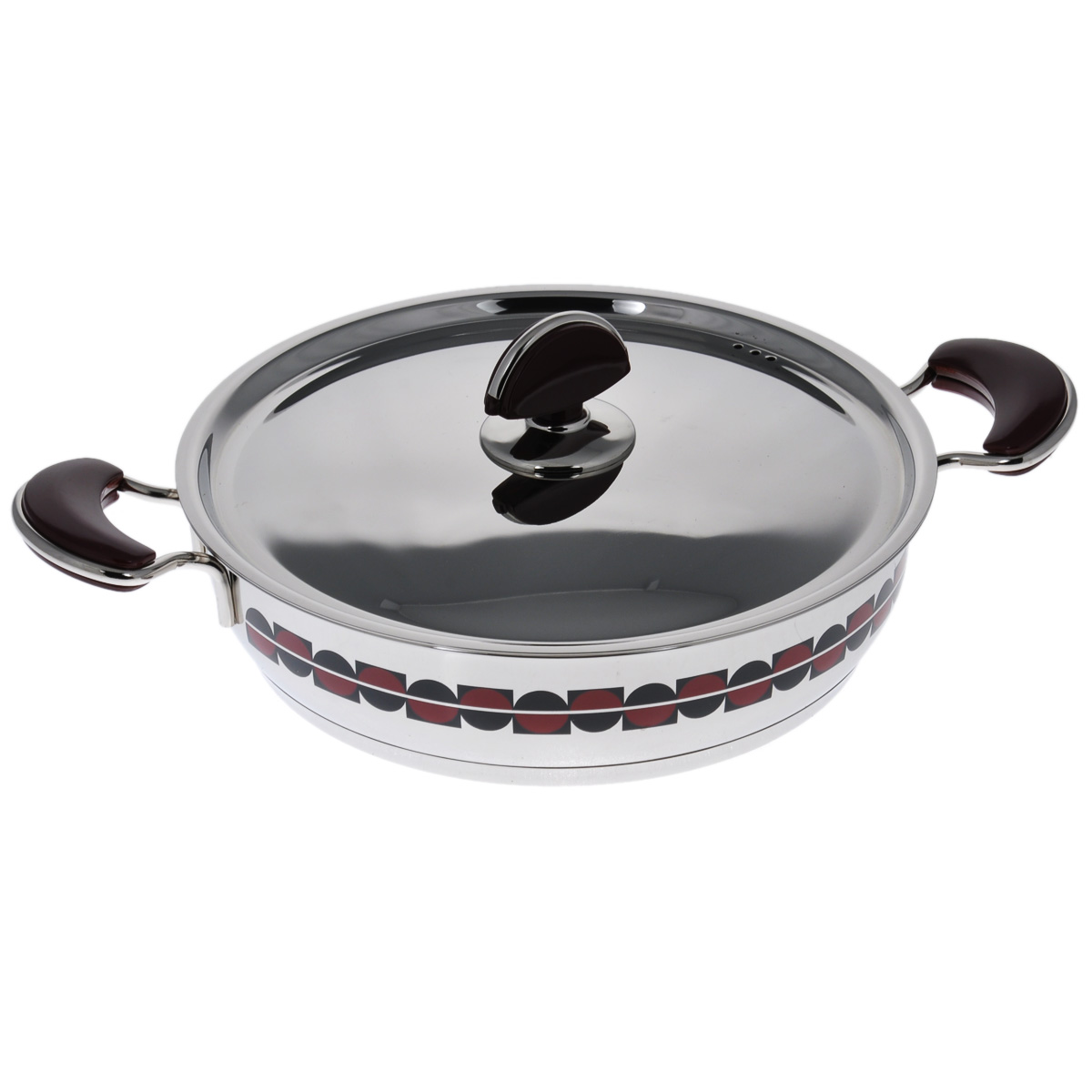 Кастрюля низкая Kitchen-Art EX Pot с крышкой, 2,5 л94672 Кастрюля низкая Kitchen-Art EX Pot с крышкой, 2,5 л94672Низкая кастрюля Kitchen-Art EX Pot выполнена из высококачественной нержавеющей стали Премиум-ЛЮКС с зеркальной полировкой. Внешние стенки оформлены красивым геометричным рисунком в стиле Luxury. Дно изделия с трехслойным напылением, легкое, но очень прочное. Модный европейский дизайн, обтекаемые линии и формы. Для удобного использования ручки из нержавеющей стали оснащены бакелитовыми вставками бордового цвета. Крышка выполнена из нержавеющей стали со специальными отверстиями для выпуска пара. Подходит для всех типов плит, включая индукционные. Можно мыть в посудомоечной машине.Высота стенки: 6,5 см. Ширина (с учетом ручек): 37 см. Толщина стенки: 2 мм. Толщина дна: 4 мм.Диаметр дна: 21,5 см.