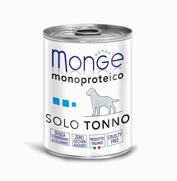 Консервы для собак Monge Monoproteico Solo, паштет из тунца, 400 г0120710 Консервы для собак Monge Monoproteico Solo, паштет из тунца, 400 г0120710Консервы для собак Monge Monoproteico Solo - монобелковый паштет с тунцом для собак. Состав: свежий тунец (соответствует 100% использованного мяса), минеральные вещества, витамины. В данном продукте нет клейковины, красителей, консервантов, а также глютена. Технологические добавки: загустители и желирующие вещества. Анализ компонентов: сырой белок 11,5%, сырые масла и жиры 2%, сырая клетчатка 0,5%, сырая зола 1,7%, влажность 80%. Витамины и добавки на 1 кг: витамин А 2500 МЕ, витамин D3 300 МЕ, витамин Е 7 мг. Товар сертифицирован.