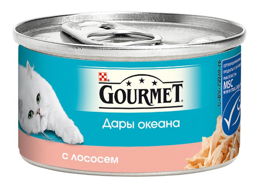 Консервы для кошек Gourmet Дары океана, с лососем, 85 г12263799 Консервы для кошек Gourmet Дары океана, с лососем, 85 г12263799Корм Gourmet Дары океана - это изысканное разнообразие рыбных блюд, которыми вы можете побаловать вашего любимца. Ваша кошка высоко оценит нежные кусочки из рыбы, приготовленные в аппетитном соусе. Состав: рыба и продукты переработки рыбы (в том числе лосось 4%), экстракт растительного белка, мясо и продукты переработки мяса 2,5%, рыбий жир, растительное масло, сорбитол, сахара, минеральные вещества, красители, витамины. Добавленные вещества: МЕ/кг: витамин A 1960, витамин D3 140, мг/кг: железо 19, йод 0,15, медь 0,93, марганец, 1,3, цинк 19. Гарантируемые показатели: влажность 81,3%, белок 10,6%, жир 2,5%, сырая зола 1,9%, сырая клетчатка 0,8%. Товар сертифицирован.