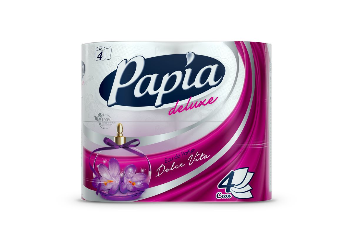 Туалетная бумага Papia Deluxe Dolce Vita ароматизированная, четырехслойная, цвет: белый, 4 рулона15282 Туалетная бумага Papia Deluxe Dolce Vita ароматизированная, четырехслойная, цвет: белый, 4 рулона15282Четырехслойная туалетная бумага Papia Deluxe Dolce Vita изготовлена из целлюлозы высшего качества. Листы оформлены тисненым рисунком в виде цветов и надписи Papia. Мягкая, нежная, но в тоже время прочная, бумага не расслаивается и отрывается строго по линии перфорации. Бумага ароматизированная. Туалетная бумага Papia Deluxe Dolce Vita предназначена для тех, кто хочет, чтобы ванная была самая уютная на свете, а нежный аромат парфюма поднимет вам настроение. Товар сертифицирован. Материал: 100% целлюлоза. Количество листов (в одном рулоне): 140 шт. Количество слоев: 4. Размер листа: 9,5 см х 12,5 см. Длина рулона: 17,5 м.