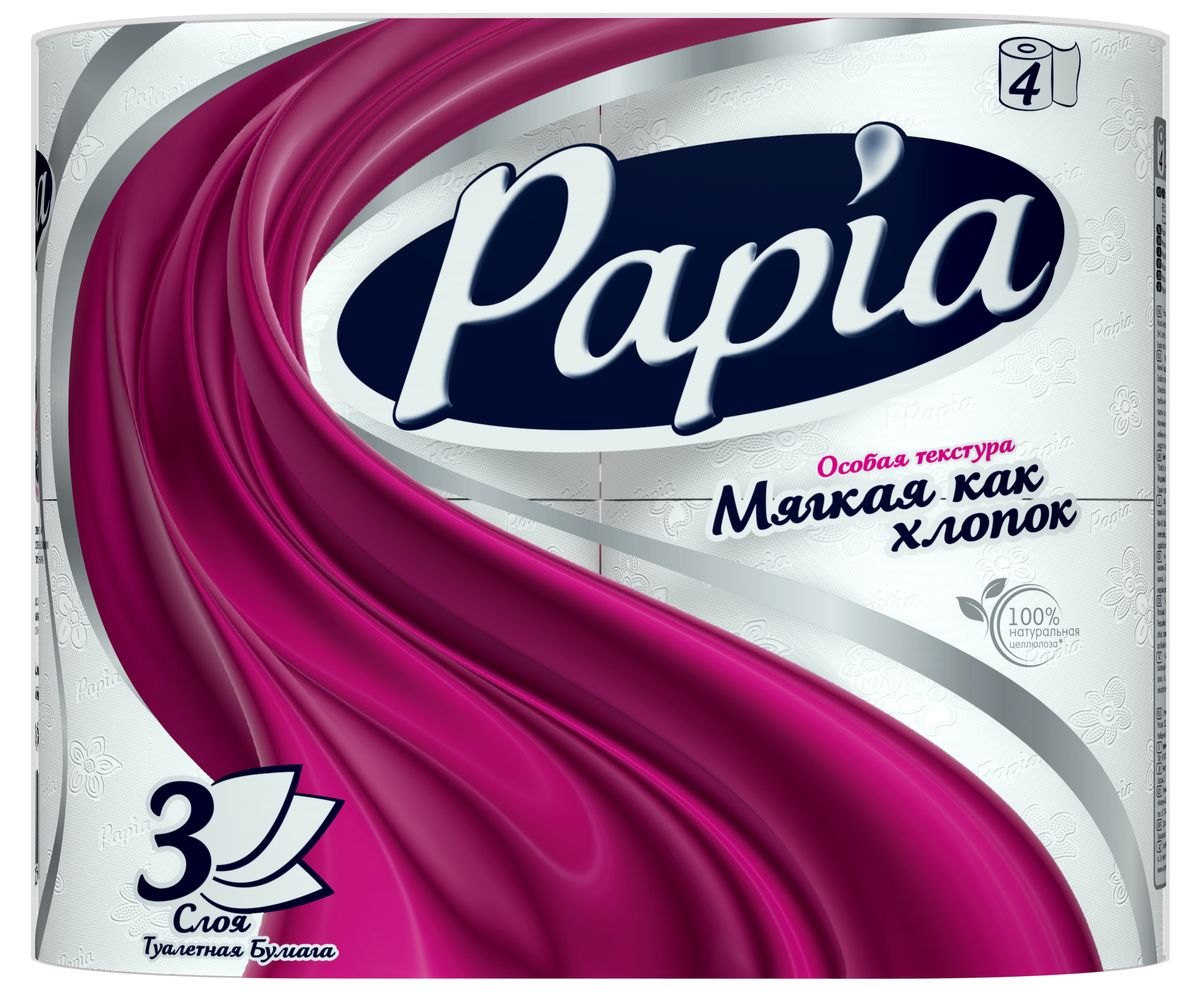 Туалетная бумага Papia, трехслойная, цвет: белый, 4 рулона15283 Туалетная бумага Papia, трехслойная, цвет: белый, 4 рулона15283Трехслойная туалетная бумага Papia изготовлена из целлюлозы высшего качества. Листы оформлены тисненым рисунком в виде цветов и надписи Papia. Мягкая, нежная, но в тоже время прочная, бумага не расслаивается и отрывается строго по линии перфорации. Бумага не ароматизированная. Туалетная бумага Papia предназначена для тех, кто хочет, чтобы ванная была самая уютная на свете. Товар сертифицирован. Материал: 100% целлюлоза. Количество листов (в одном рулоне): 140 шт. Количество слоев: 3. Размер листа: 9,5 см х 12 см. Длина рулона: 16,8 м.