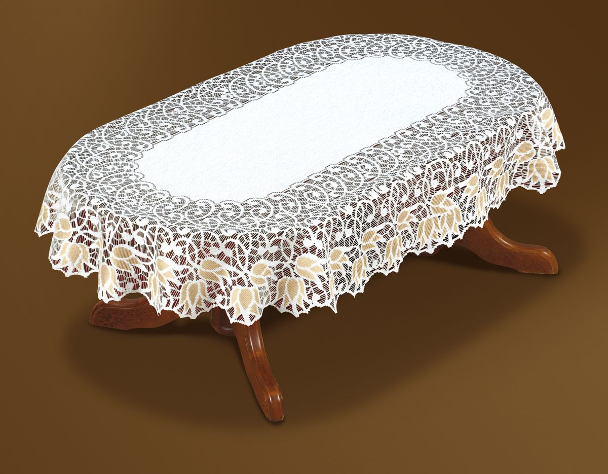 Скатерть Haft Gold Line, овальная, цвет: белый, золотистый, 250 x 150 см. 221071/150221071/150 Скатерть Haft Gold Line, овальная, цвет: белый, золотистый, 250 x 150 см. 221071/150221071/150Великолепная овальная скатерть Haft Gold Line, выполненная из полиэстера, органично впишется в интерьер любого помещения, а оригинальный дизайн удовлетворит даже самый изысканный вкус. Скатерть изготовлена из сетчатого материала с ажурным цветочным рисунком по краям. Края скатерти ажурные. Скатерть Haft Gold Line создаст праздничное настроение и станет прекрасным дополнением интерьера гостиной, кухни или столовой.