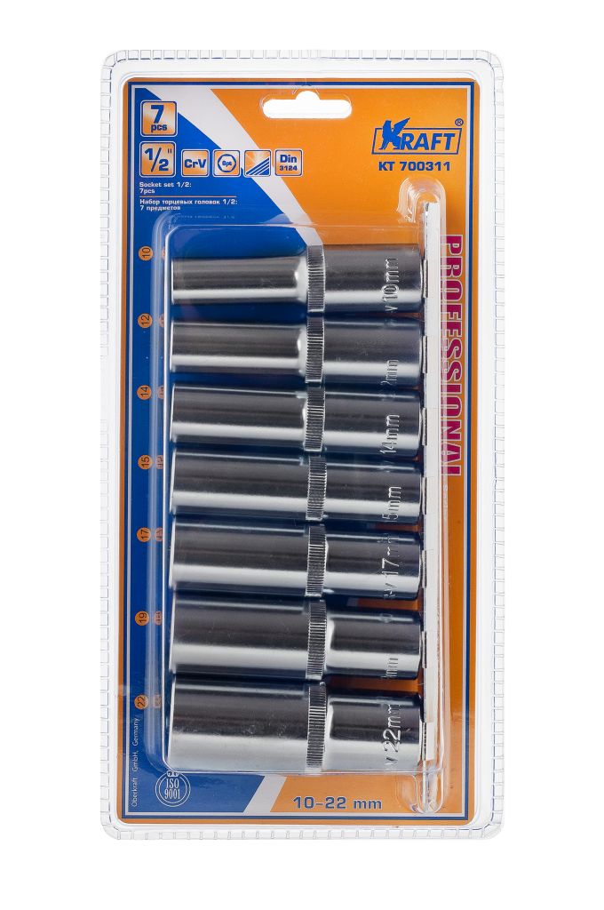 Набор торцевых удлиненных головок Kraft Professional, 1/2, 10 мм - 22 мм, 7 штКТ700311 Набор торцевых удлиненных головок Kraft Professional, 1/2, 10 мм - 22 мм, 7 штКТ700311В набор Kraft Professional входят шестигранные торцевые головки на планке под квадрат 1/2 следующих размеров: 10 мм, 12 мм, 14 мм, 15 мм, 17 мм, 19 мм, 22 мм. Головки выполнены из хромованадиевой стали. Торцевые головки Kraft Professional изготовлены из хромованадиевой стали марки 50BV30 со специальным трехслойным покрытием, обеспечивающим долговременную защиту от механических повреждений.