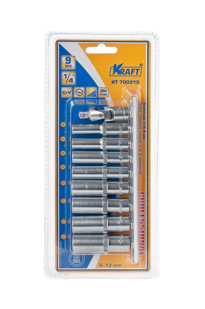 Набор торцевых головок Kraft Professional, с шарнирным карданом, 1/4, 6 мм - 13 мм, 9 предметовКТ700315 Набор торцевых головок Kraft Professional, с шарнирным карданом, 1/4, 6 мм - 13 мм, 9 предметовКТ700315В набор Kraft Professional входят кардан шарнирный, шестигранные удлиненные торцевые головки на планке под квадрат 1/4 следующих размеров: 6 мм, 7 мм, 8 мм, 9 мм, 10 мм, 11 мм, 12 мм, 13 мм. Головки и кардан выполнены из хромованадиевой стали. Торцевые головки Kraft Professional изготовлены из хромованадиевой стали марки 50BV30 со специальным трехслойным покрытием, обеспечивающим долговременную защиту от механических повреждений.