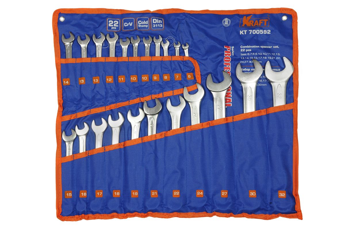 Набор комбинированных гаечных ключей Kraft Professional, 6 мм - 32 мм, 22 штКТ700592 Набор комбинированных гаечных ключей Kraft Professional, 6 мм - 32 мм, 22 штКТ700592Набор комбинированных ключей Kraft Professional предназначен для профессионального применения в решении сантехнических, строительных и авторемонтных задач, а также для бытового использования. Ключи изготовлены из хромованадиевой стали. Размеры ключей входящих в набор: 6 мм, 7 мм, 8 мм, 9 мм, 10 мм, 11 мм, 12 мм, 13 мм, 14 мм, 15 мм, 16 мм, 17 мм, 18 мм, 19 мм, 21 мм, 22 мм, 24 мм, 27 мм, 30 мм, 32 мм. Комбинированный ключ представляет собой соединение рожкового и накидного гаечных ключей. Обе стороны комбинированного ключа имеют одинаковый размер. Комбинированный ключ - это необходимый предмет в каждом доме.