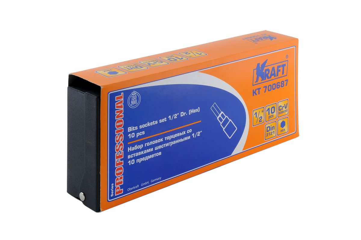 Набор торцевых головок Kraft Professional со вставками НЕХ, 1/2, 10 шт98293777 Набор торцевых головок Kraft Professional со вставками НЕХ, 1/2, 10 шт98293777В набор Kraft Professional входят торцевые головки с шестигранными вставками (НЕХ), посадочный размер 1/2. Размеры торцевых головок: Н4, Н5, Н6, Н7, Н8, Н10, Н12, Н14, Н17, Н19. Головки выполнены из хром-ванадиевой стали.Торцевые головки Kraft Professional изготовлены из хромованадиевой стали марки 50BV30 со специальным трехслойным покрытием, обеспечивающим долговременную защиту от механических повреждений.