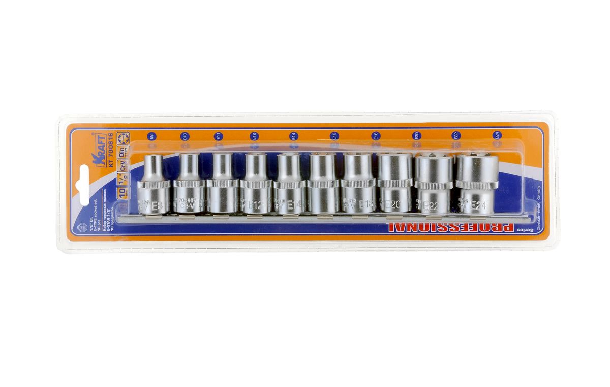 Набор торцевых головок Kraft Professional E-star, 1/2, Е8 - Е24, 10 штКТ700816 Набор торцевых головок Kraft Professional E-star, 1/2, Е8 - Е24, 10 штКТ700816В набор Kraft Professional E-star входят шестигранные торцевые головки на планке под квадрат 1/2 следующих размеров: Е8, Е10, Е11, Е12, Е14, Е16, Е18, Е20, Е22, Е24. Головки выполнены из хромованадиевой стали. Торцевые головки Kraft Professional E-star имеющие внутренний рабочий профиль звездочка, изготовлены из хромованадиевой стали марки 50BV30 со специальным трехслойным покрытием, обеспечивающим долговременную защиту от механических повреждений.